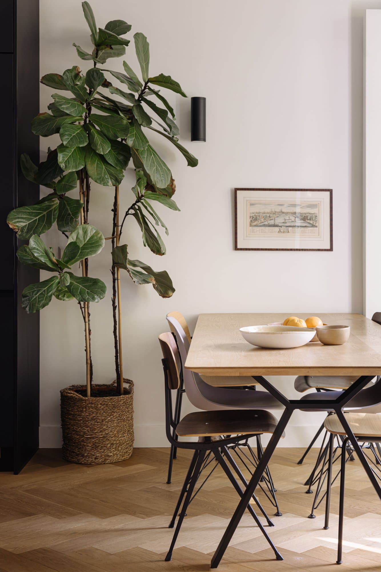 De eettafel met vijgenboom en schouw op de achtergrond