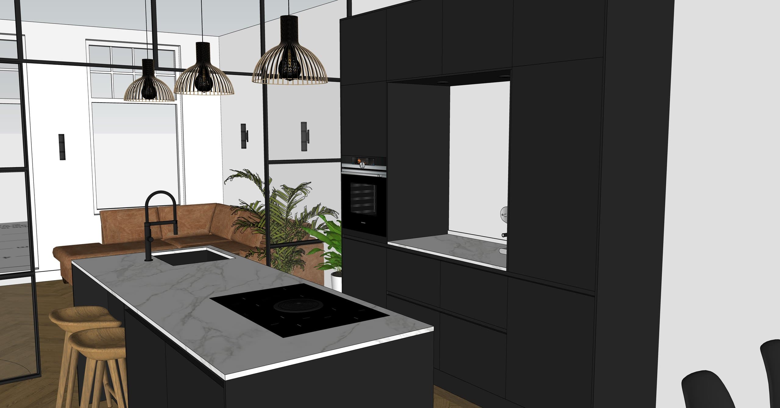 3D-model van de keuken met kookeiland, marmeren blad en zwarte keukenwand