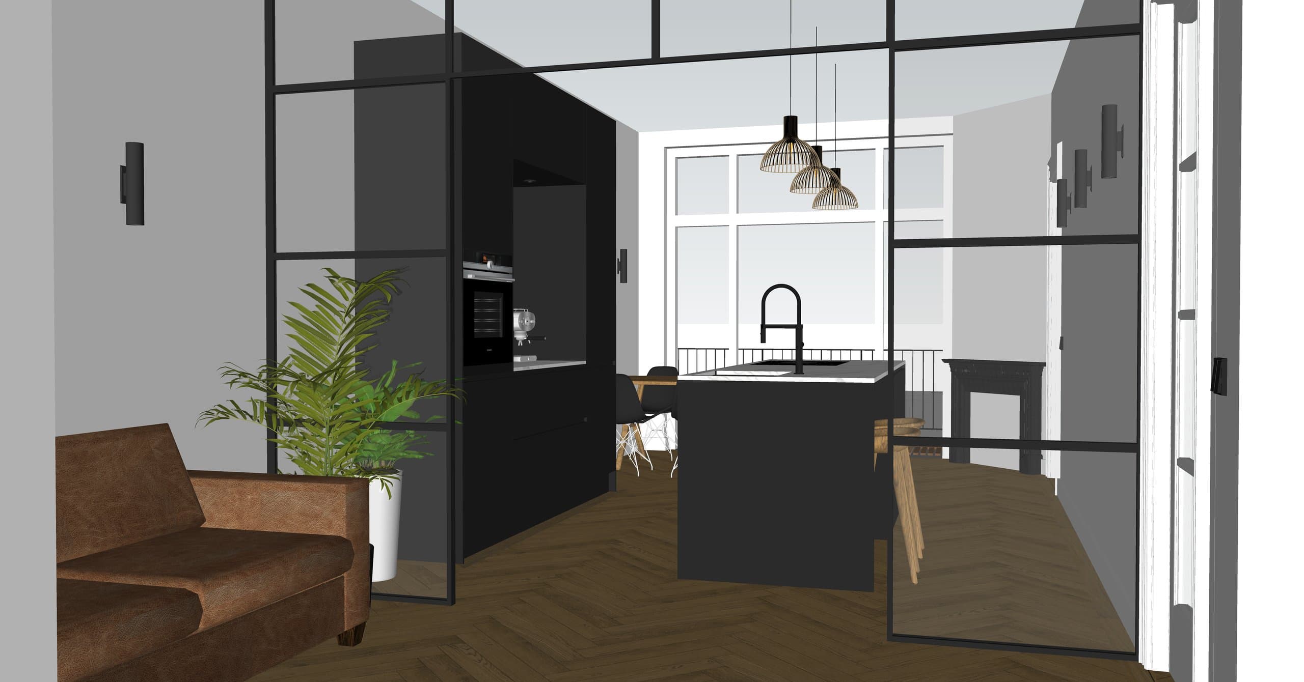 3D-model van de woonkamer met zicht door de stalen pui naar de keuken