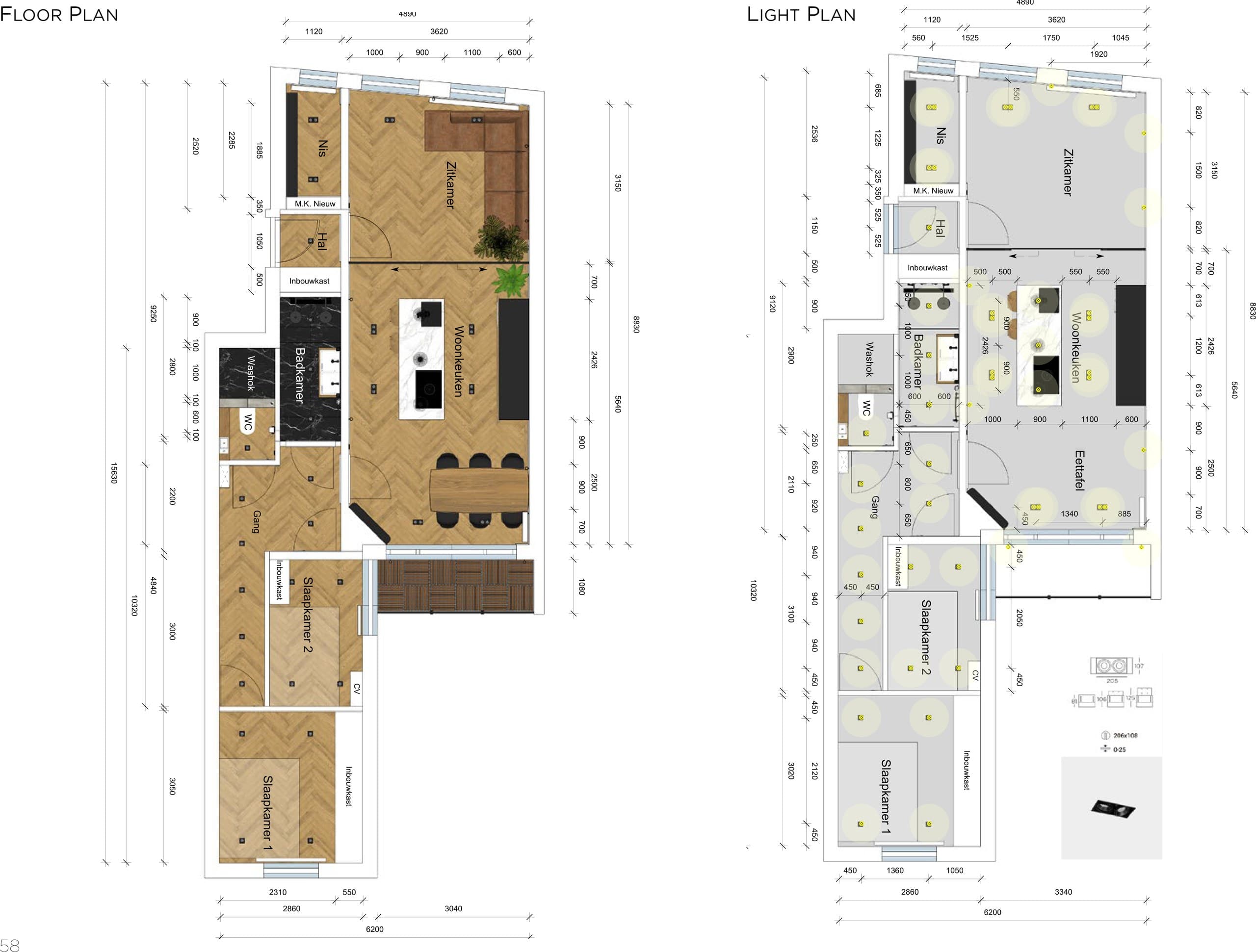 Plattegrond van de woning met het lichtplan