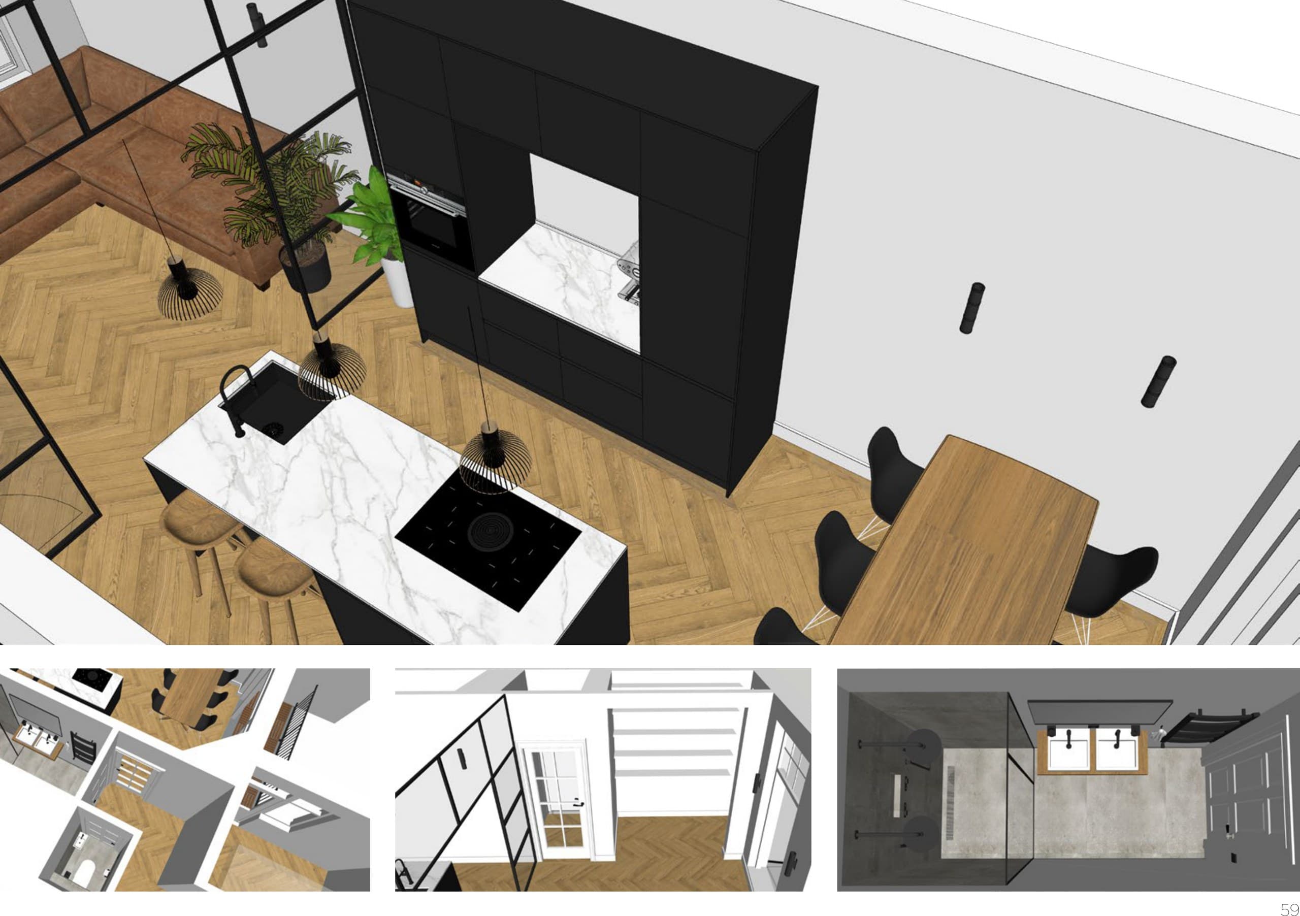 3D-interieurstudies van keuken, badkamer en stalen glaswand