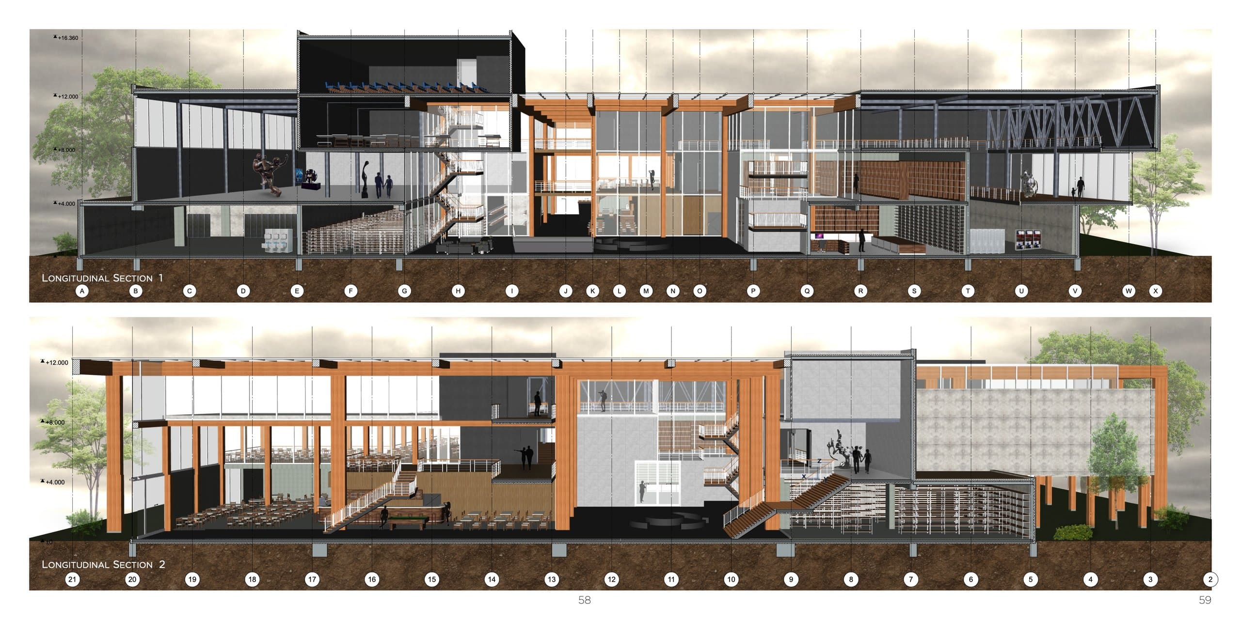 Twee gerenderde langsdoorsneden over het architectuurinstituut, met museumzalen, auditorium, bibliotheek en archief rond het centrale atrium