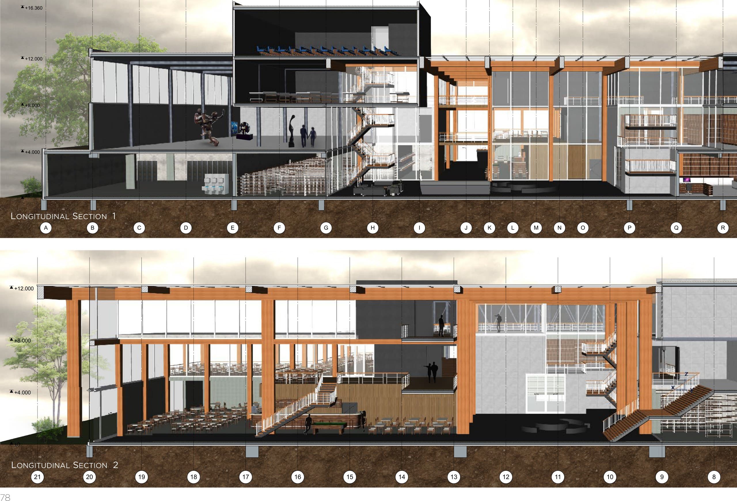 Gerenderde langsdoorsneden over het instituut