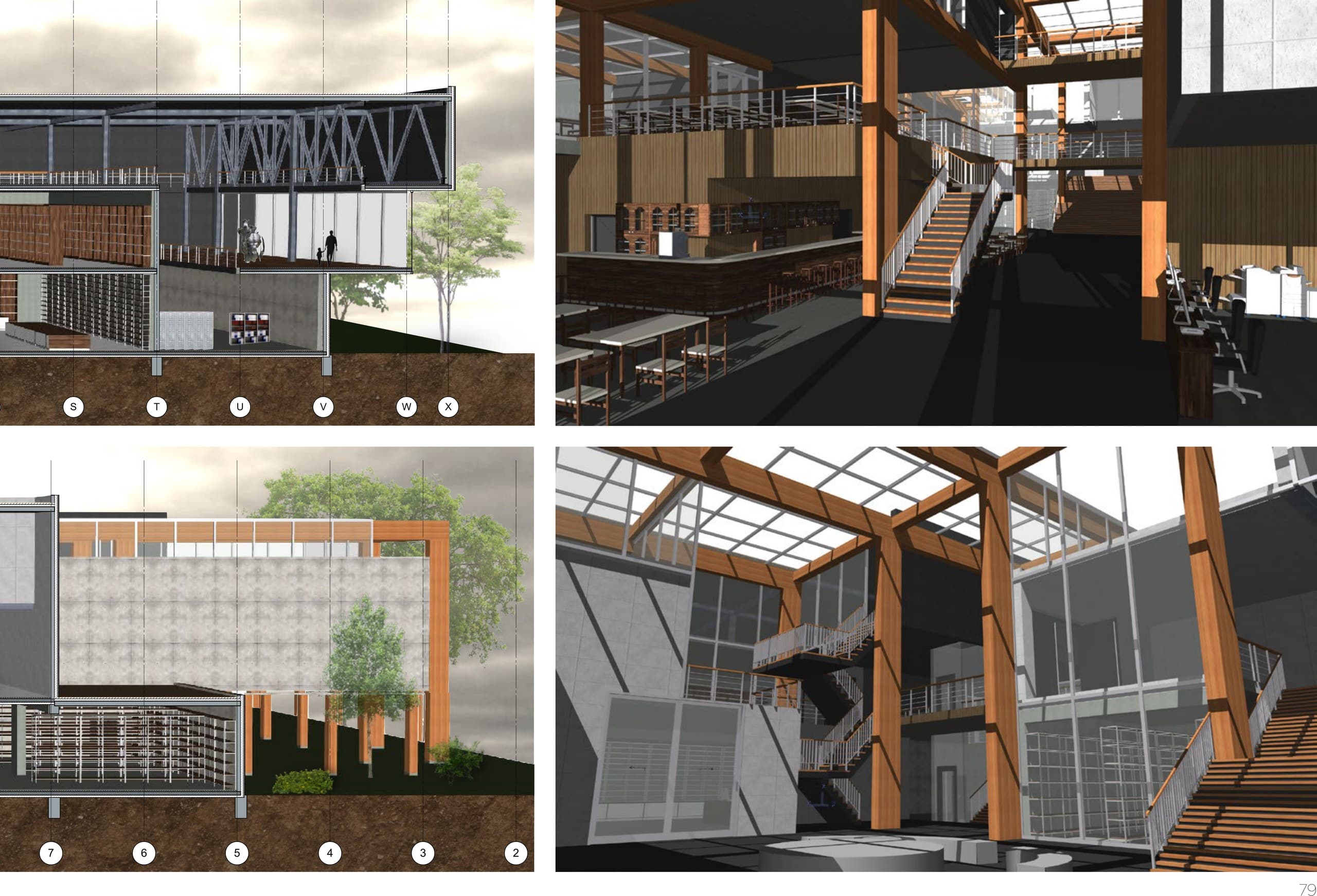 Doorsnedefragmenten en interieurstudies van het atrium
