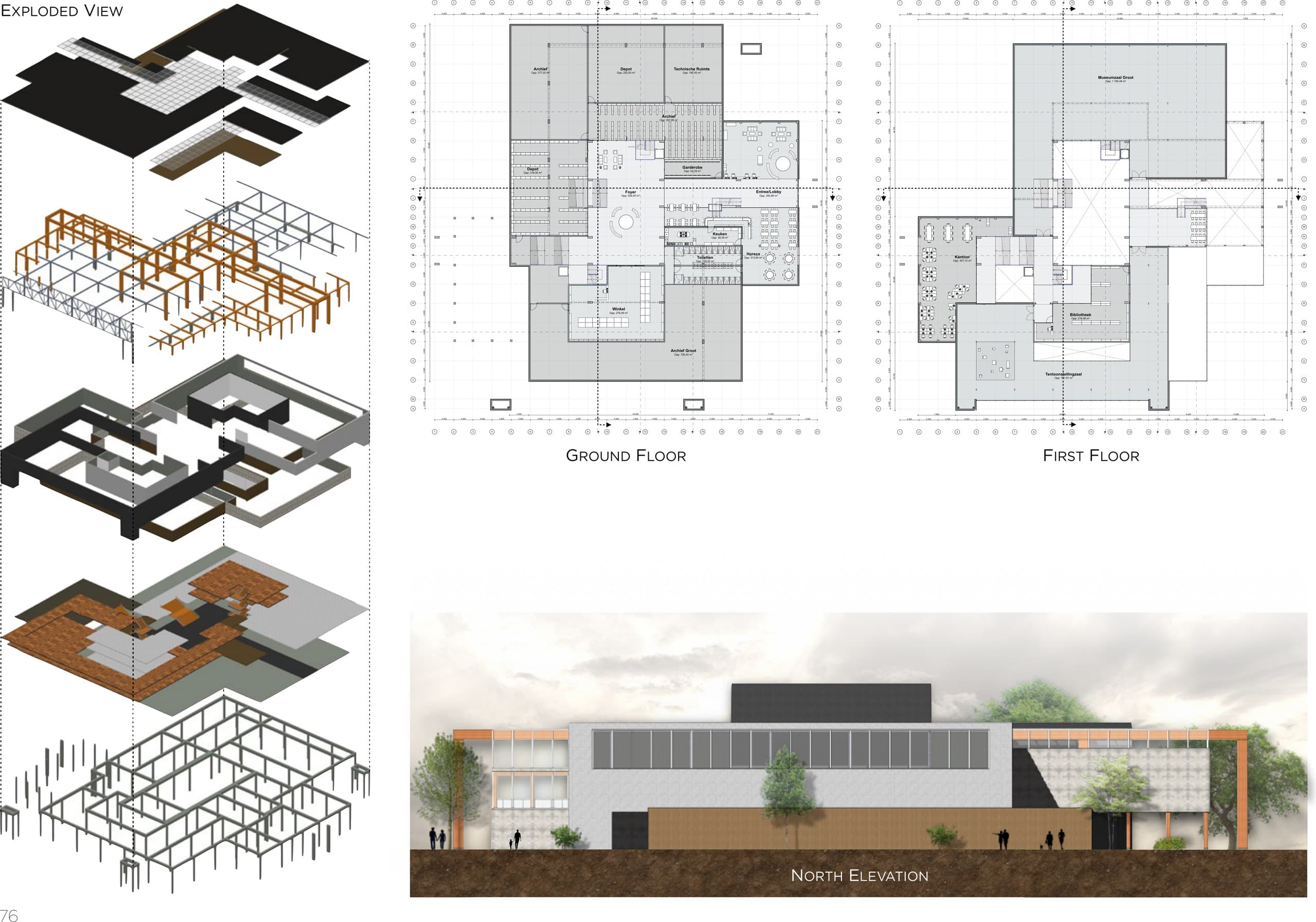 Exploded view, plattegronden en noordgevel