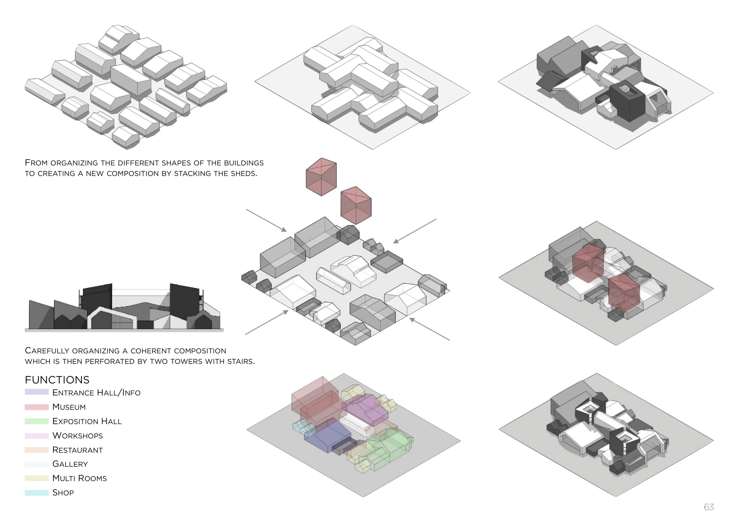 Conceptdiagrammen: de loodsvormen van Ringön gestapeld tot een nieuwe compositie, doorboord door twee torens, met de functieverdeling in kleur