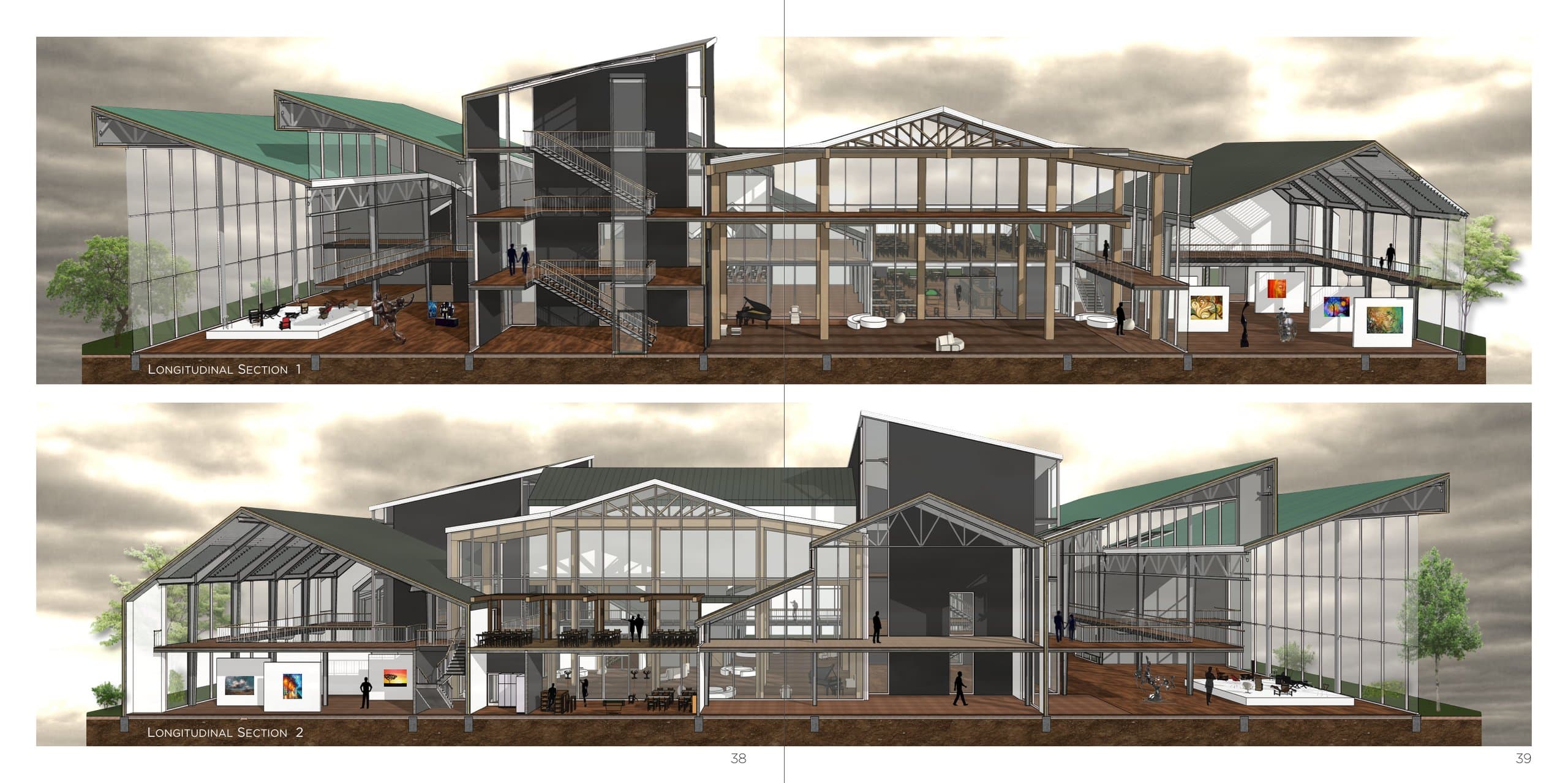 Twee gerenderde 3D-langsdoorsneden over The Sheds met galerie, restaurant, expositiehal en museum onder de karakteristieke daklijnen