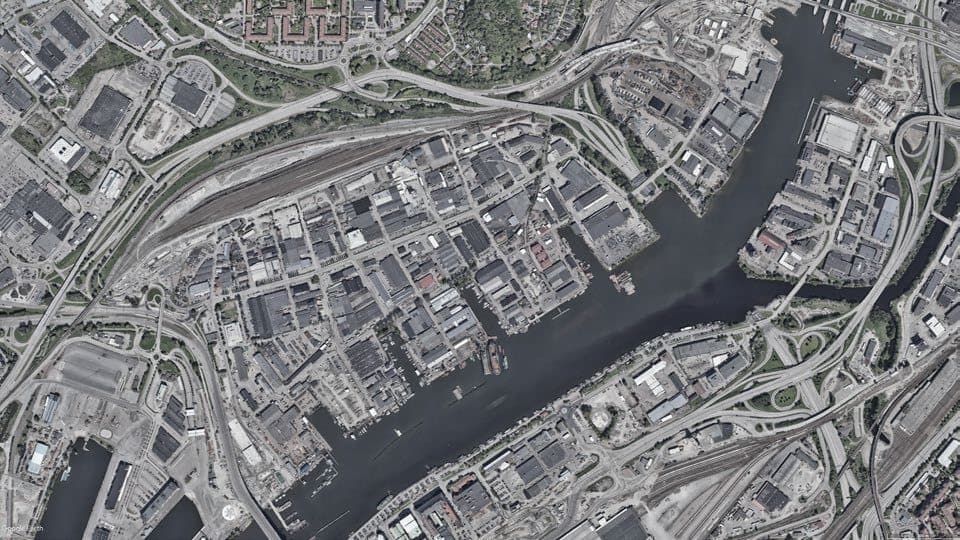 Luchtfoto van het havengebied Ringön in Göteborg