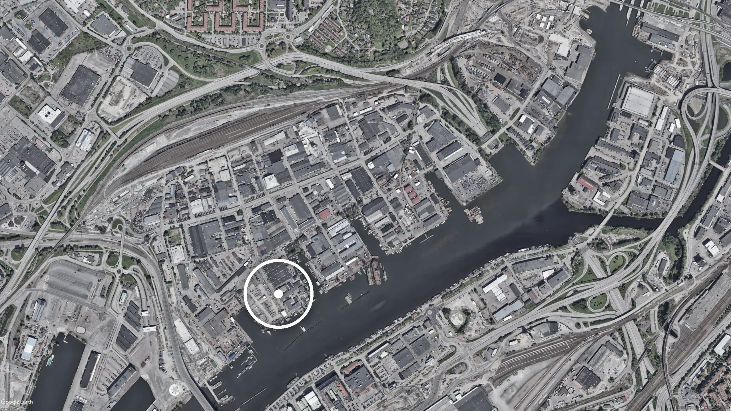 Luchtfoto van de projectlocatie aan het water in Göteborg