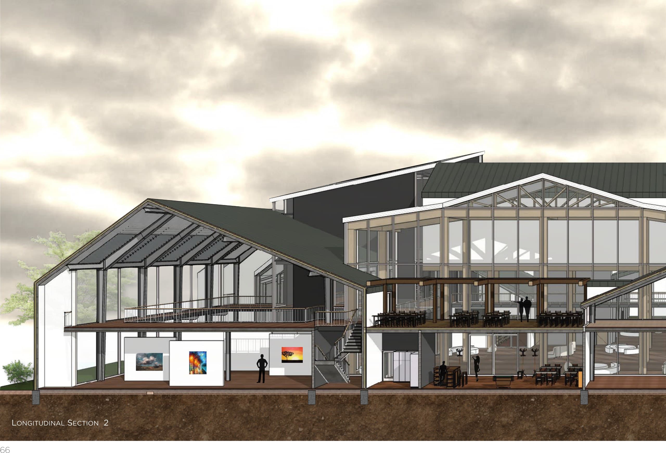 Gerenderde langsdoorsnede over galerie en restaurant