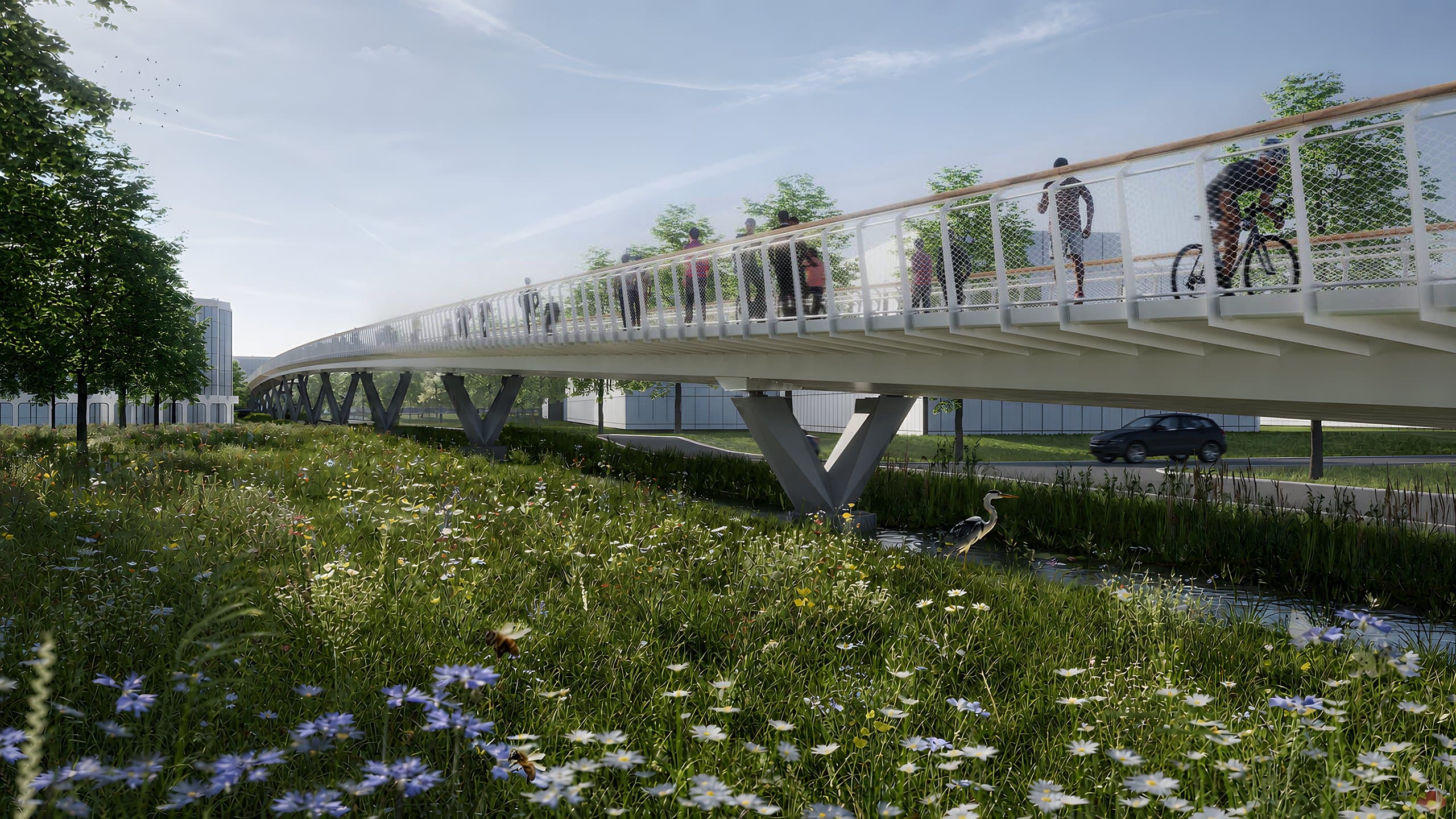 Fietsers en voetgangers op de witte vakwerkbrug