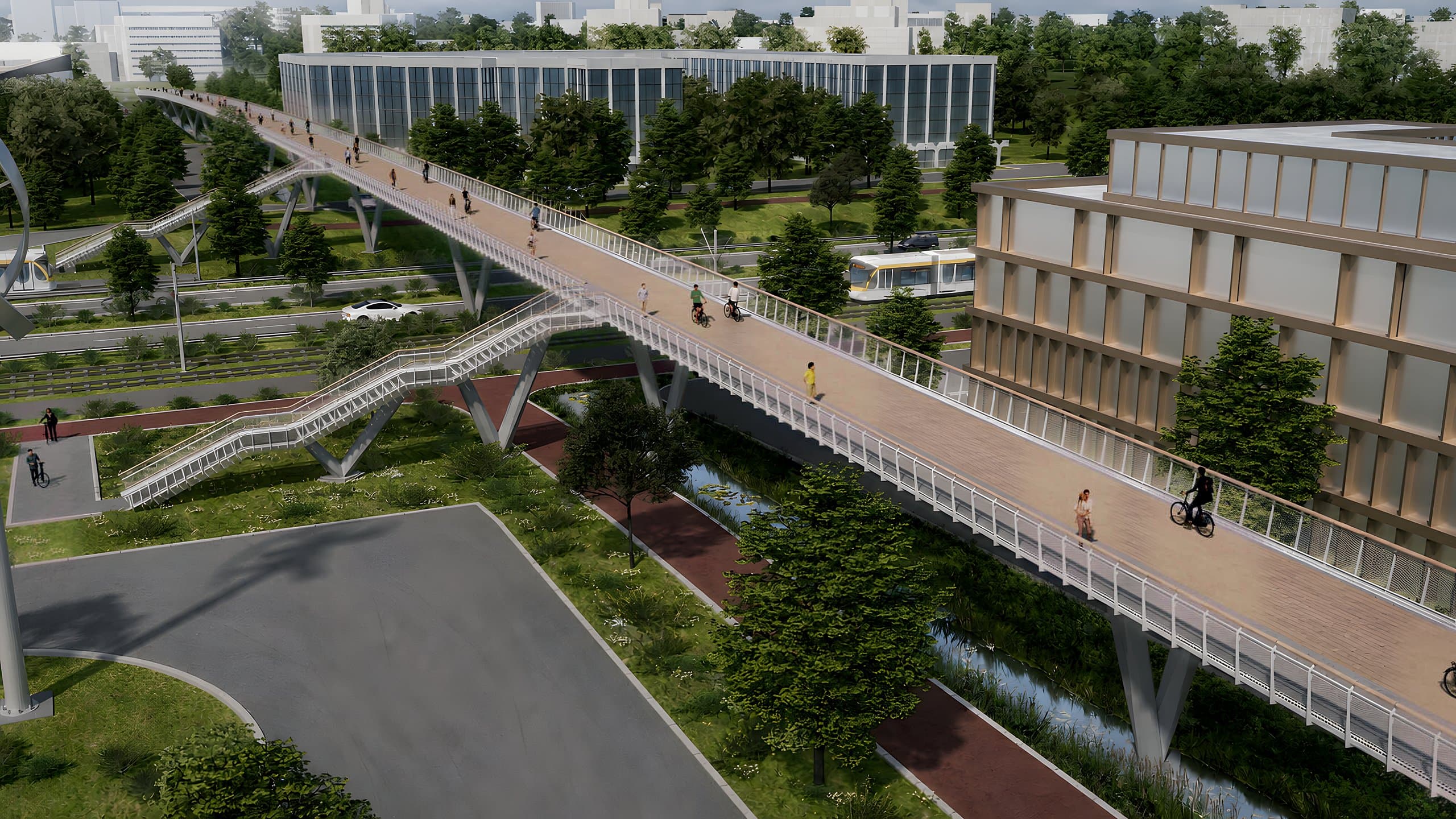 Vogelvluchtperspectief van de fietsbrug over de ring, met tram, fietsers en kantoorgebouwen