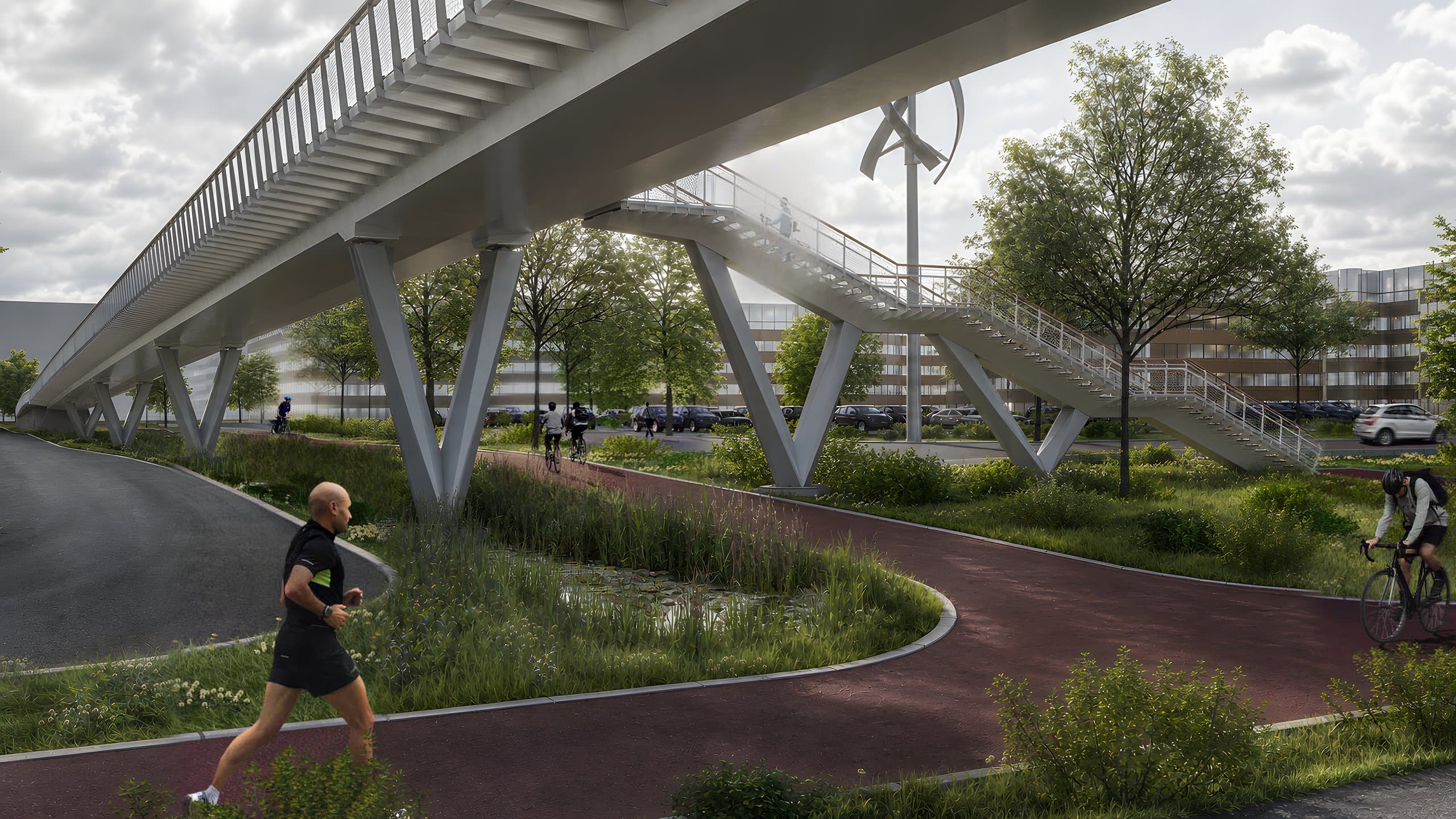 Zicht onder de fietsbrug met V-vormige kolommen, hardloper en slingerend fietspad