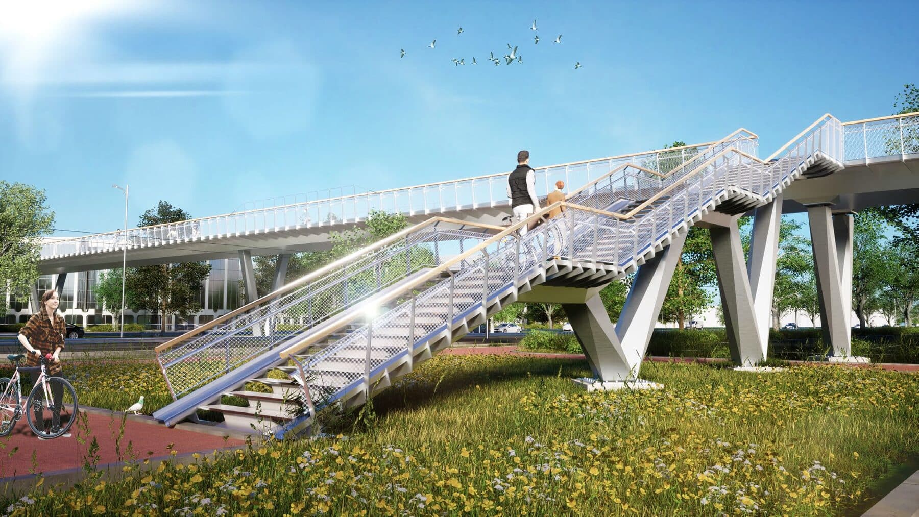 Overzichtsrender van de 700 meter lange fietsbrug als licht silhouet boven de A201