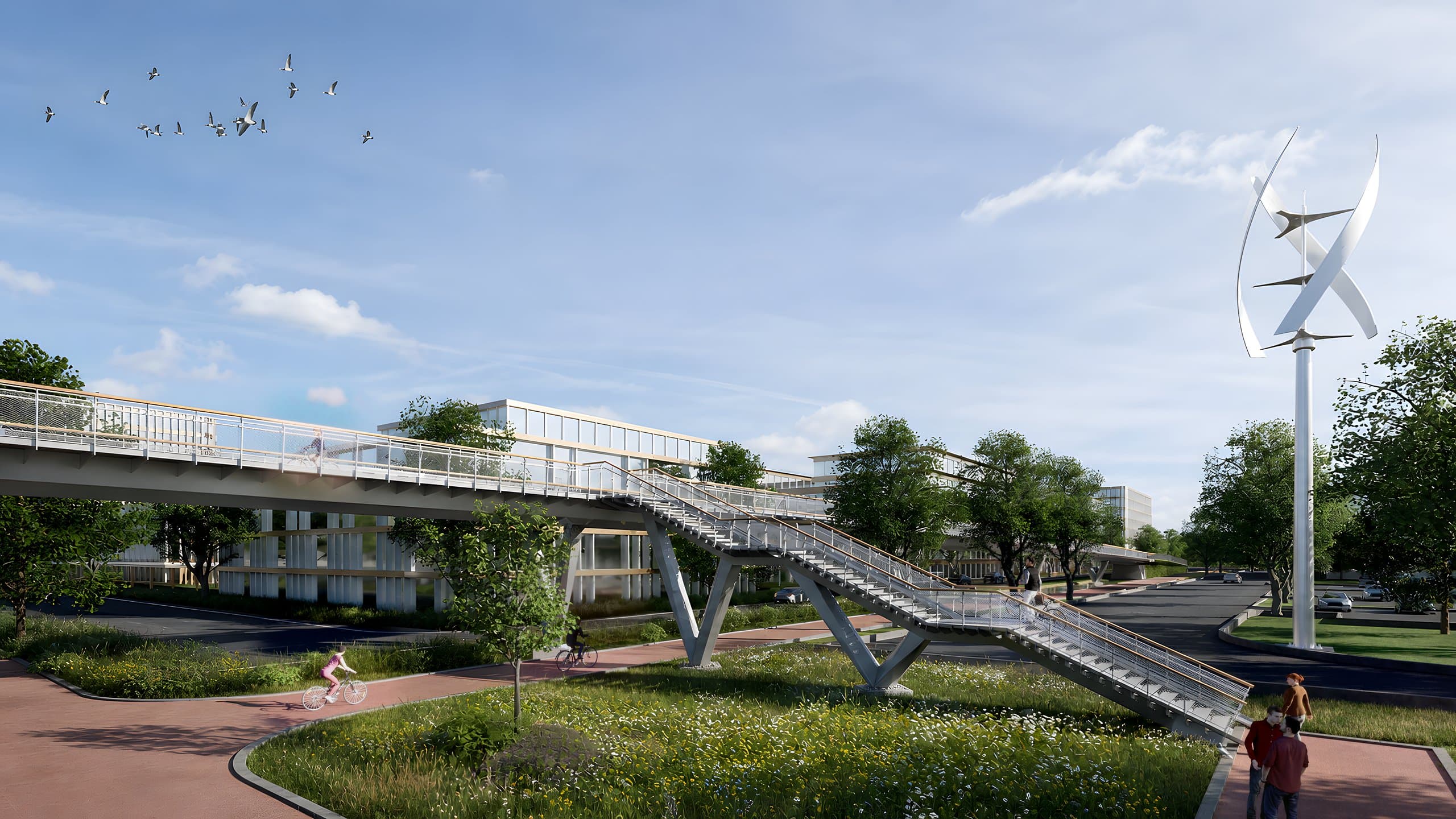 Render van de fietsbrug die landt in een bloemrijk landschap