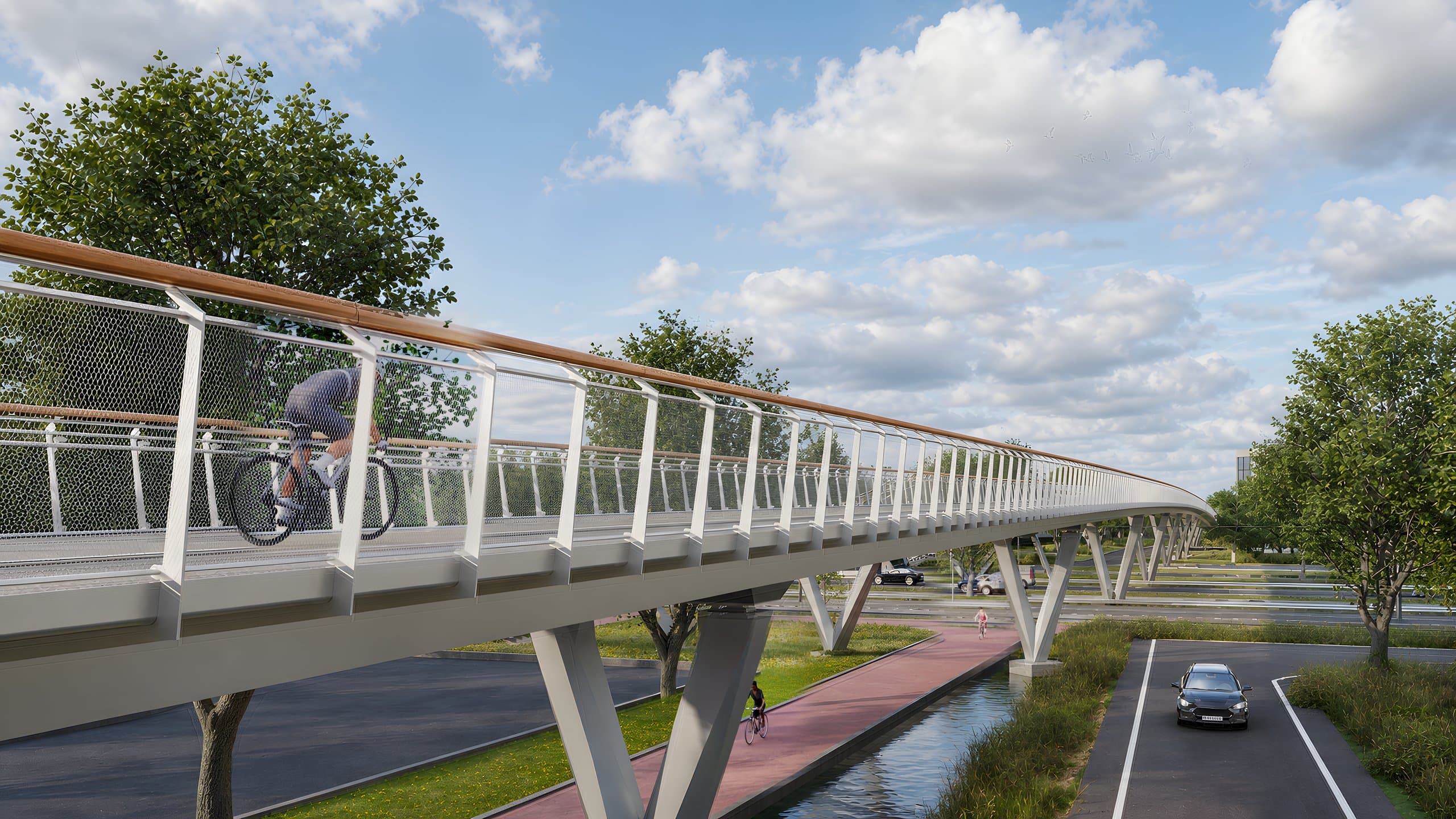 Render van de fietsbrug die de weg overspant, met fietser op het dek