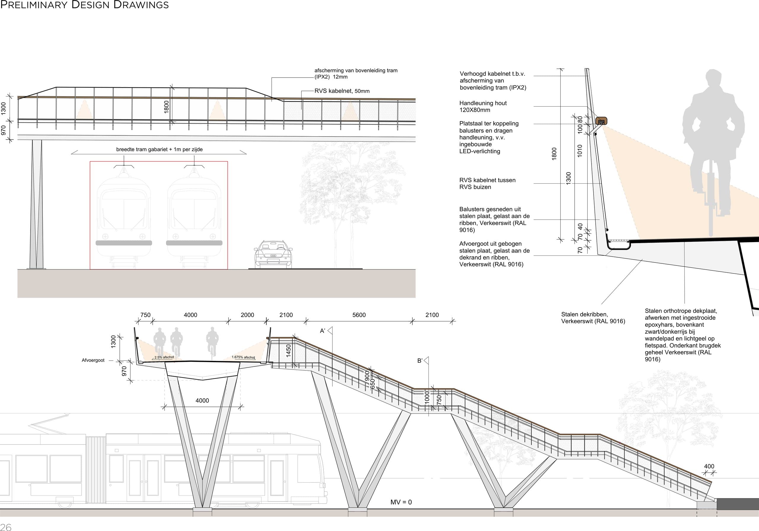 Voorlopig-ontwerptekeningen: doorsneden over het brugdek en detail van de leuning met LED-verlichting