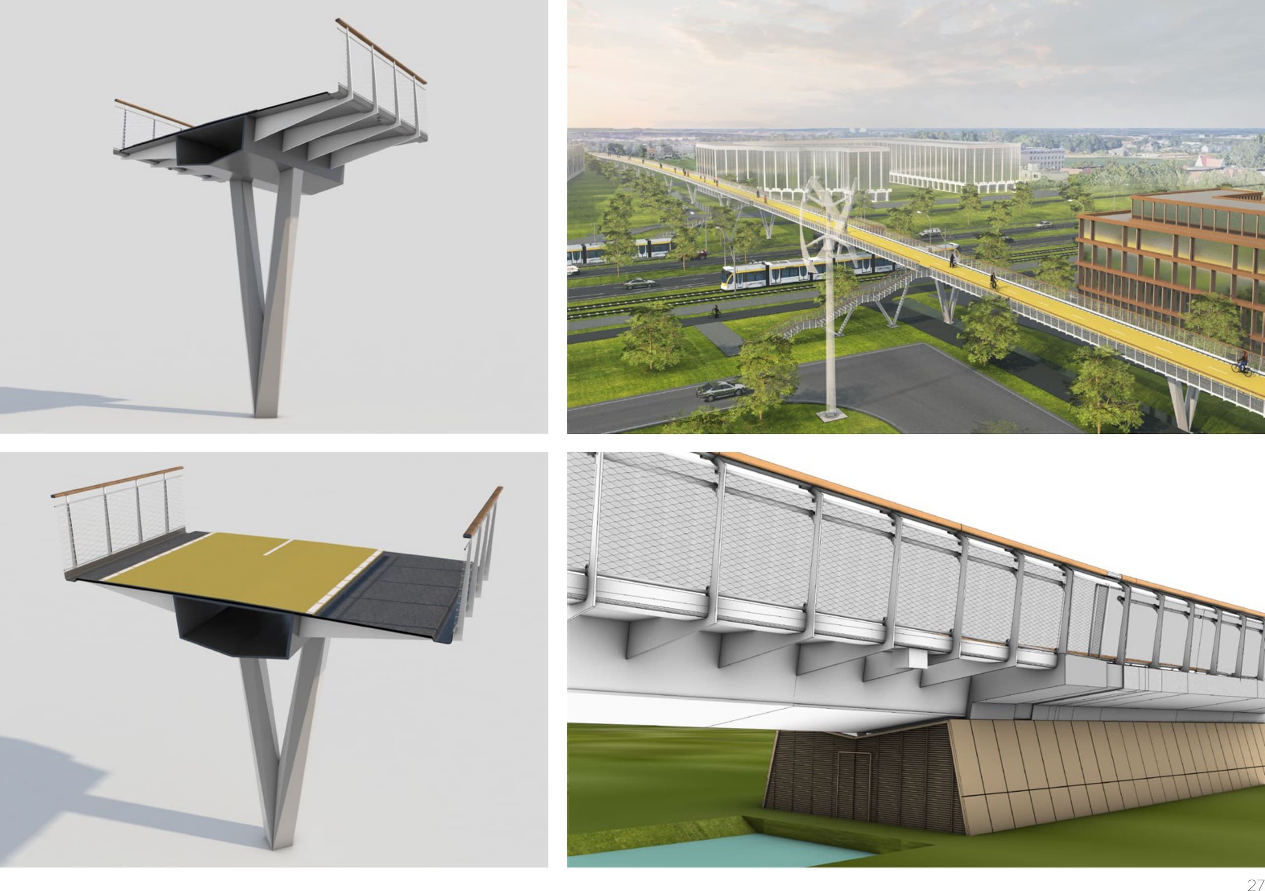Detailstudies van het brugdek op V-vormige kolommen en de onderzijde van het dek