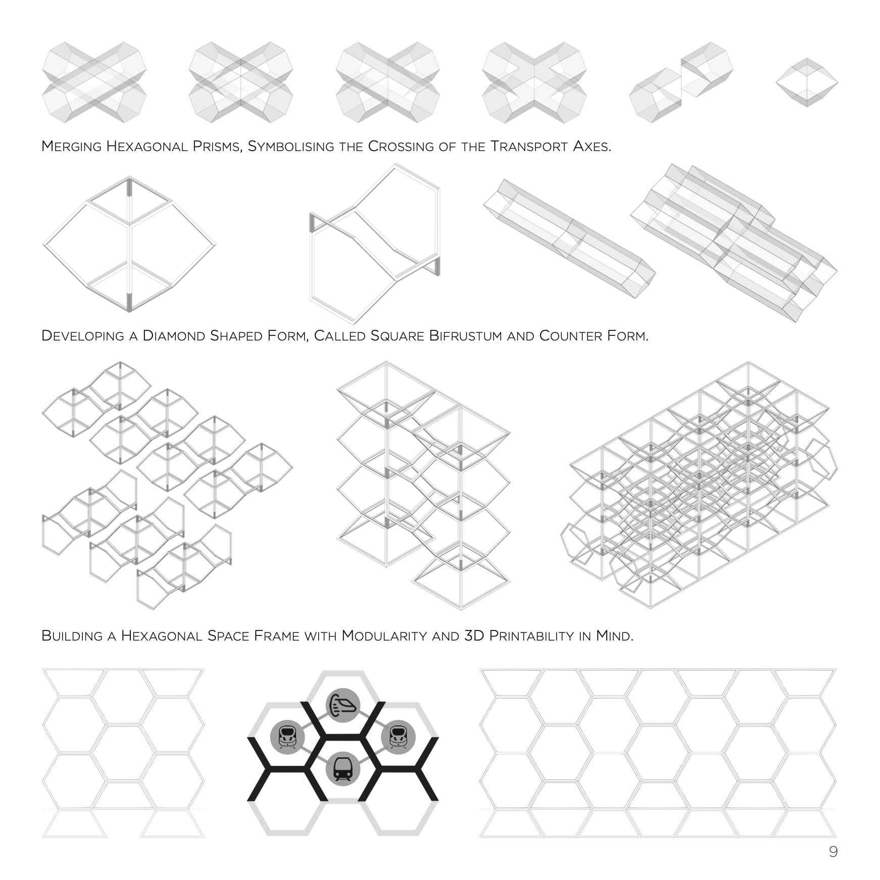 Vormstudies: hexagonale prisma's versmelten tot bifrustum-modules en groeien uit tot het hexagonale ruimtevakwerk met modulaire gevelpatronen