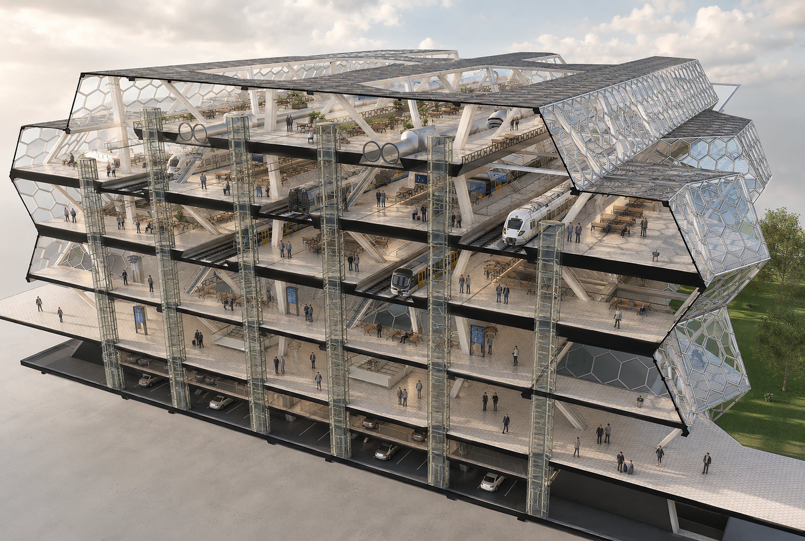 Fotorealistische dwarsdoorsnede door het station, van parkeergarage tot hyperloopdek