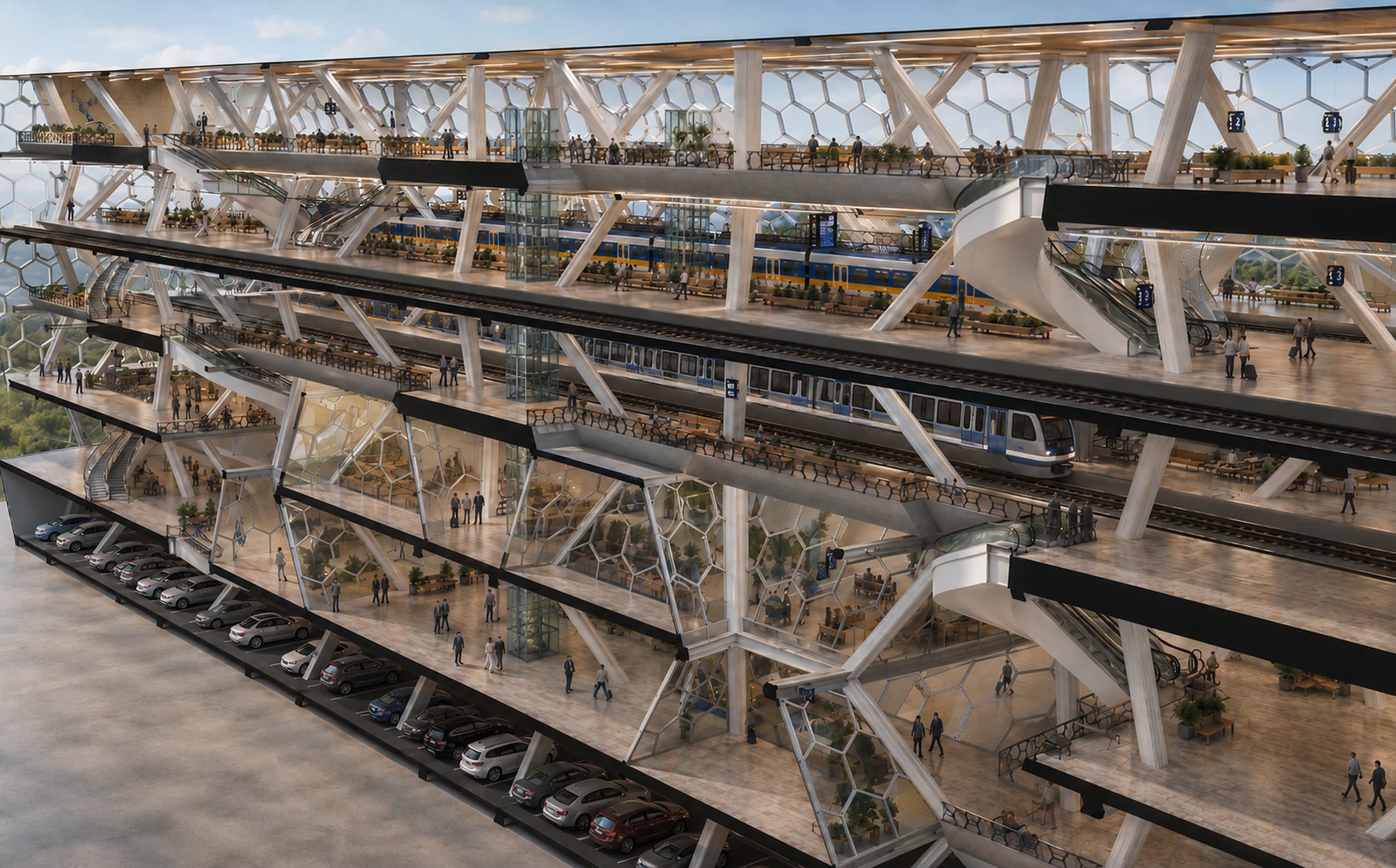 Fotorealistische langsdoorsnede met trein-, metro- en parkeerlagen boven elkaar