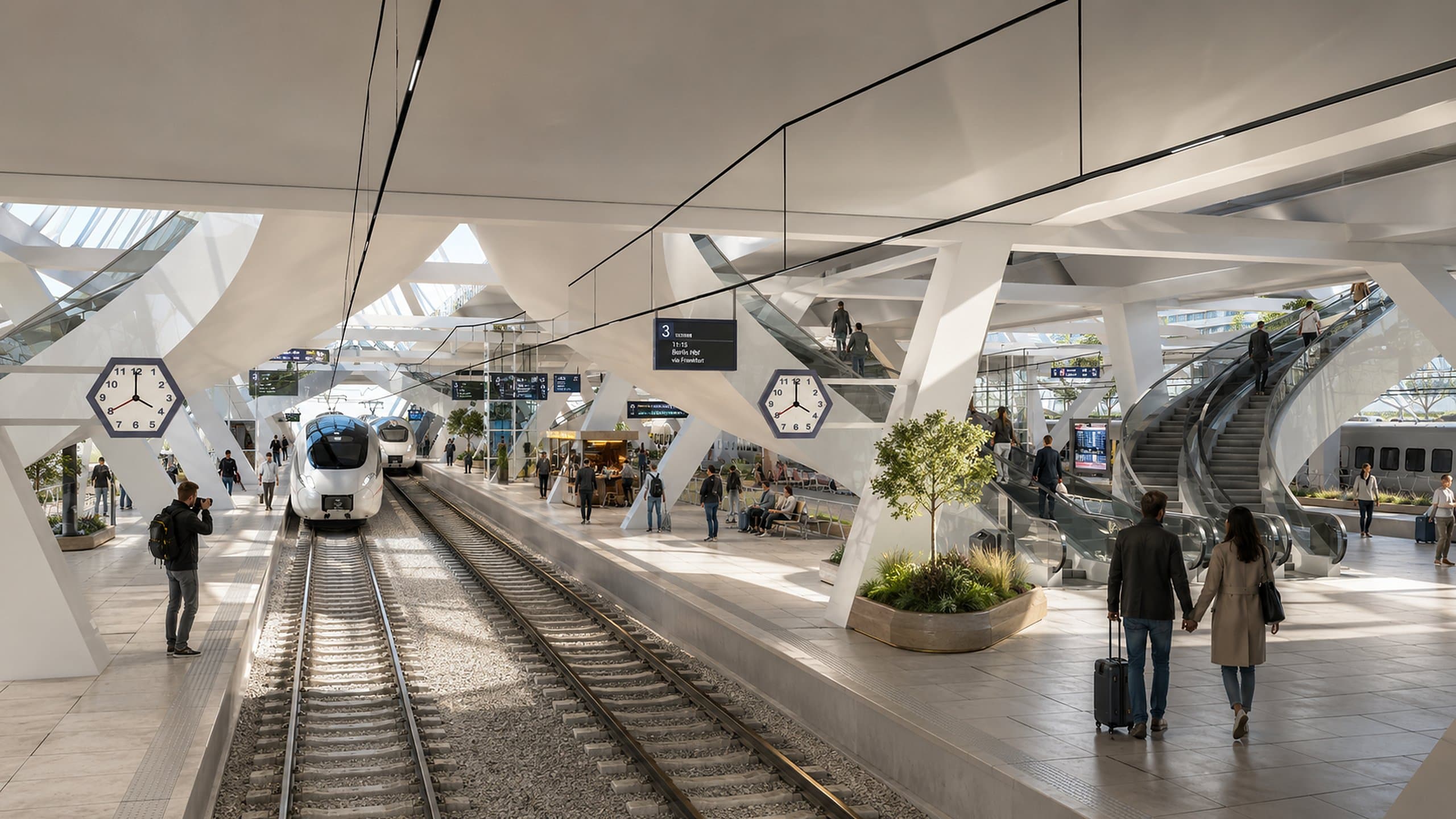 Treinperrons met hexagonale stationsklokken, vertrekborden en roltrappen naar de verdieping
