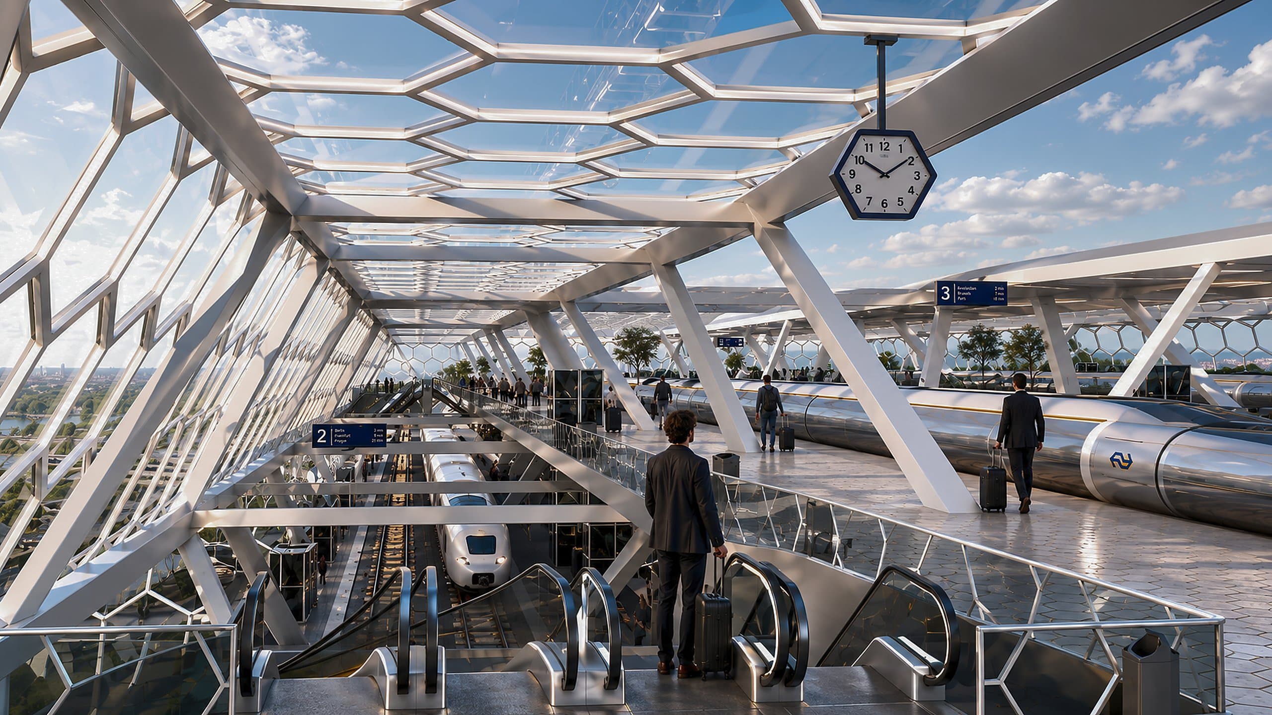Het hyperloopperron op het bovenste niveau: zilverkleurige hyperloopbuizen onder de glazen honingraatkap, met roltrappen omlaag naar de treinperrons en reizigers met koffers