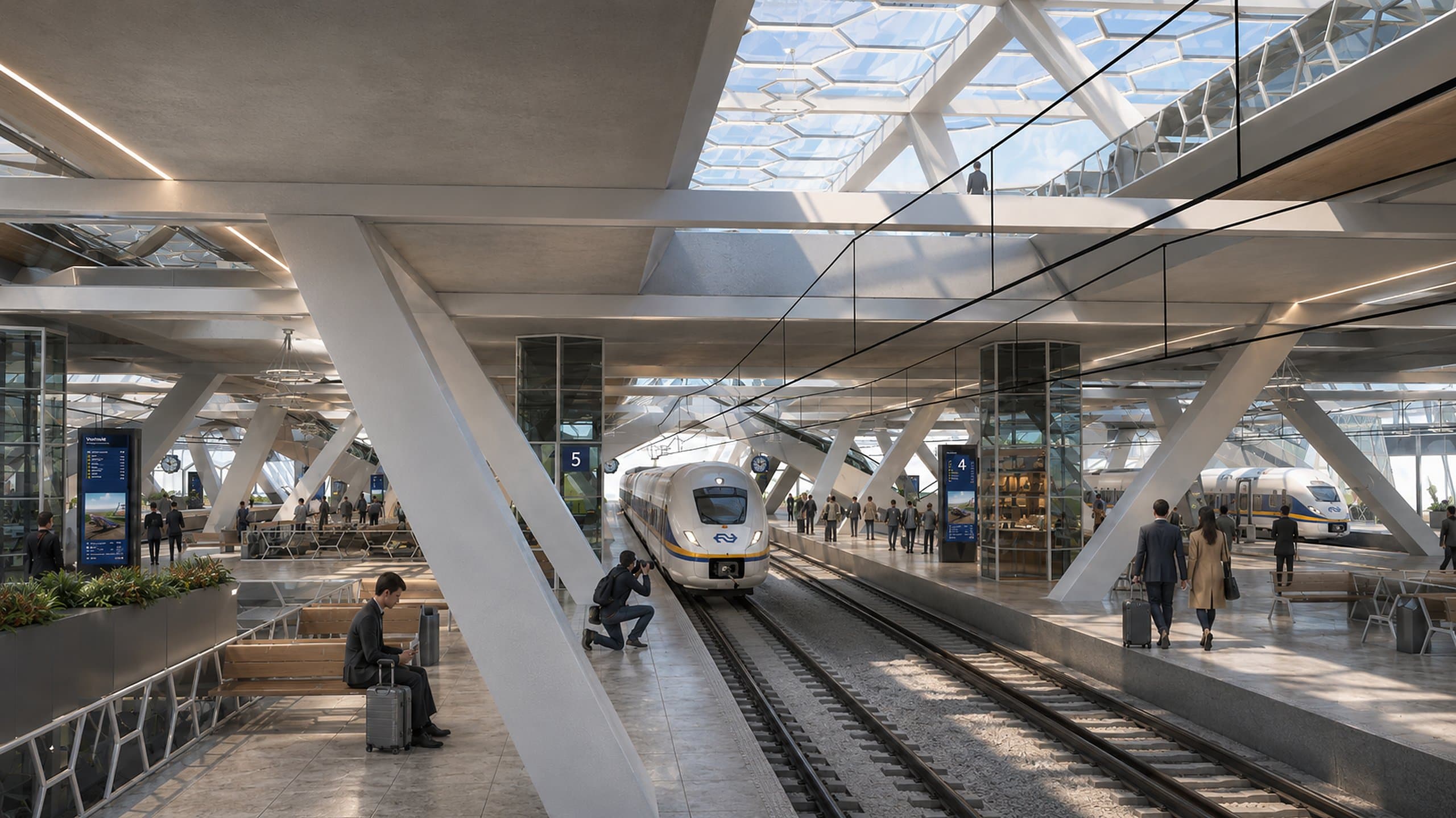 De treinperrons met aankomende sprinters en een fotograaf op het perron, onder het glazen honingraatdak