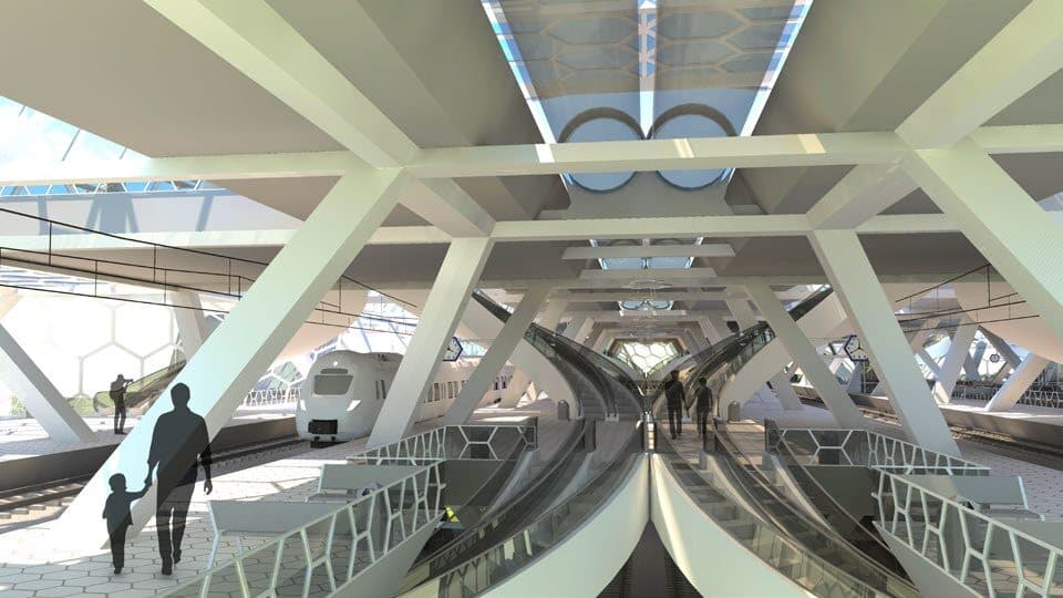 Render van de publieke stationshal met vides en reizigers