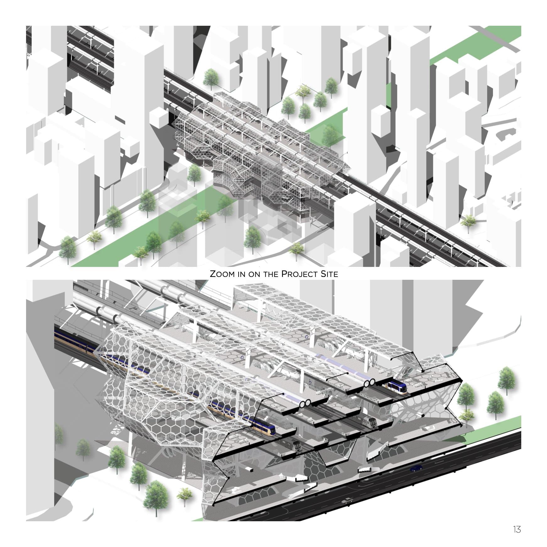 Inzoom op de projectlocatie en doorsnede-axonometrie van het station tussen de stadsblokken