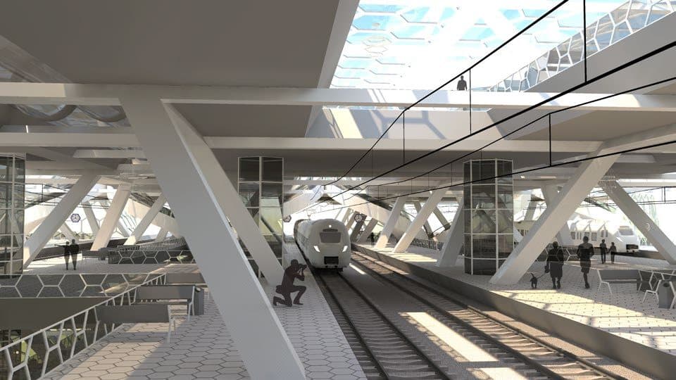 Render van het treinperron onder het hexagonale ruimtevakwerk met daglicht van boven