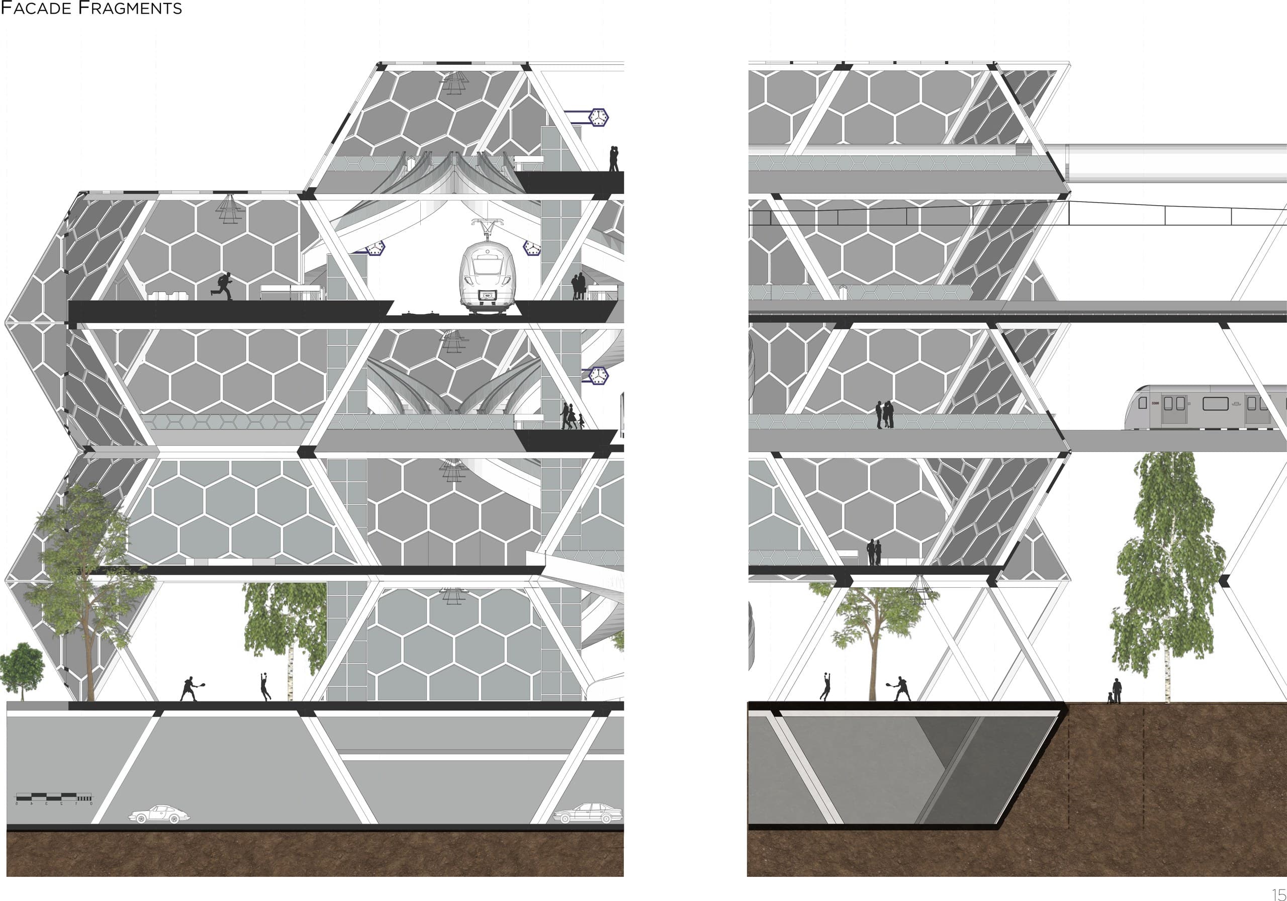 Gevelfragmenten met het hexagonale vakwerk en de perrons