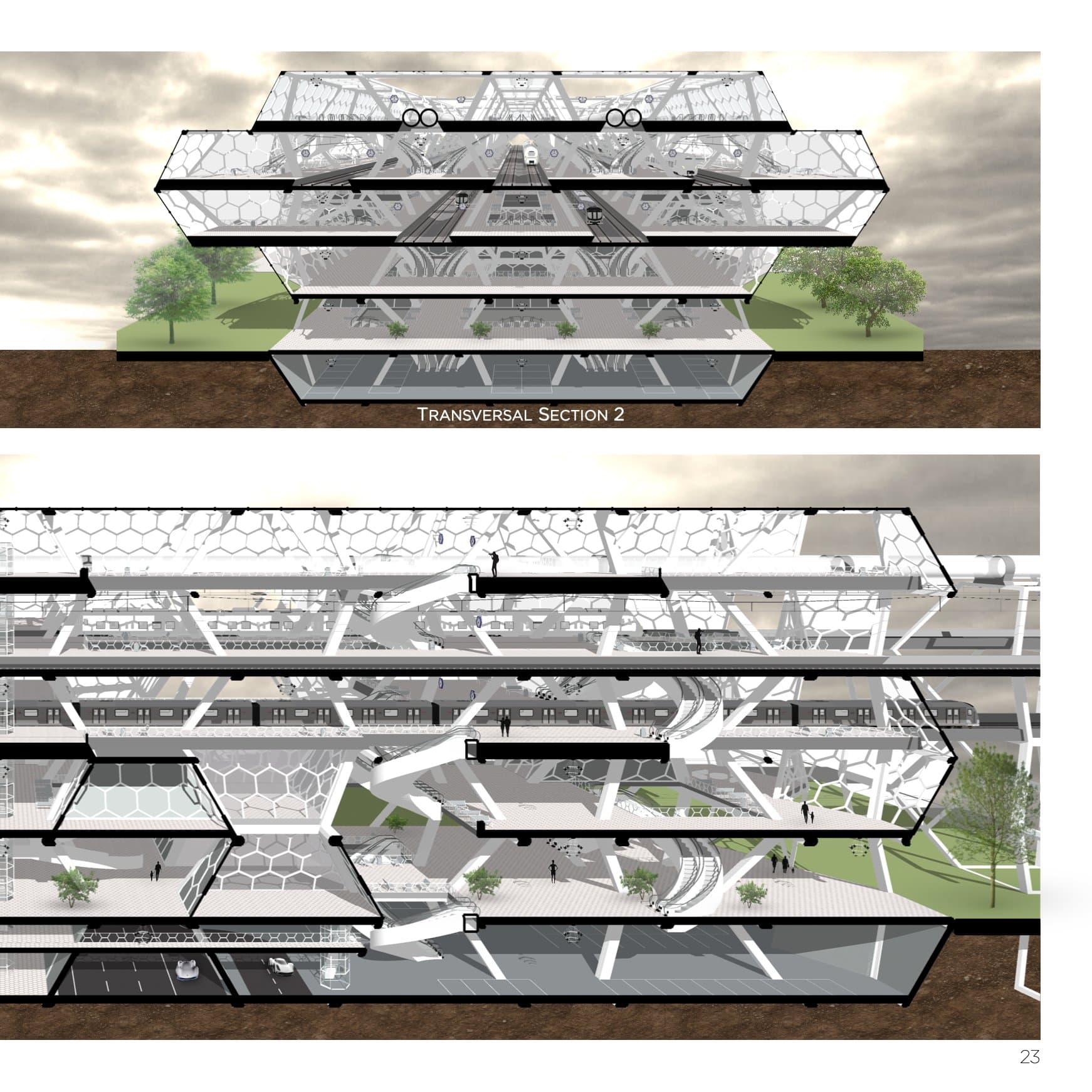 Gerenderde langsdoorsnede over het station met trein- en metroperrons, deel 2