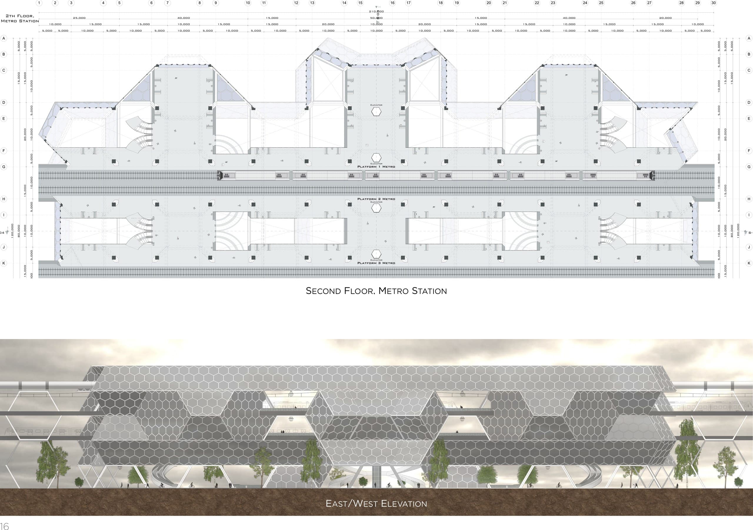 Plattegrond van het metrostation en oost-westgevel