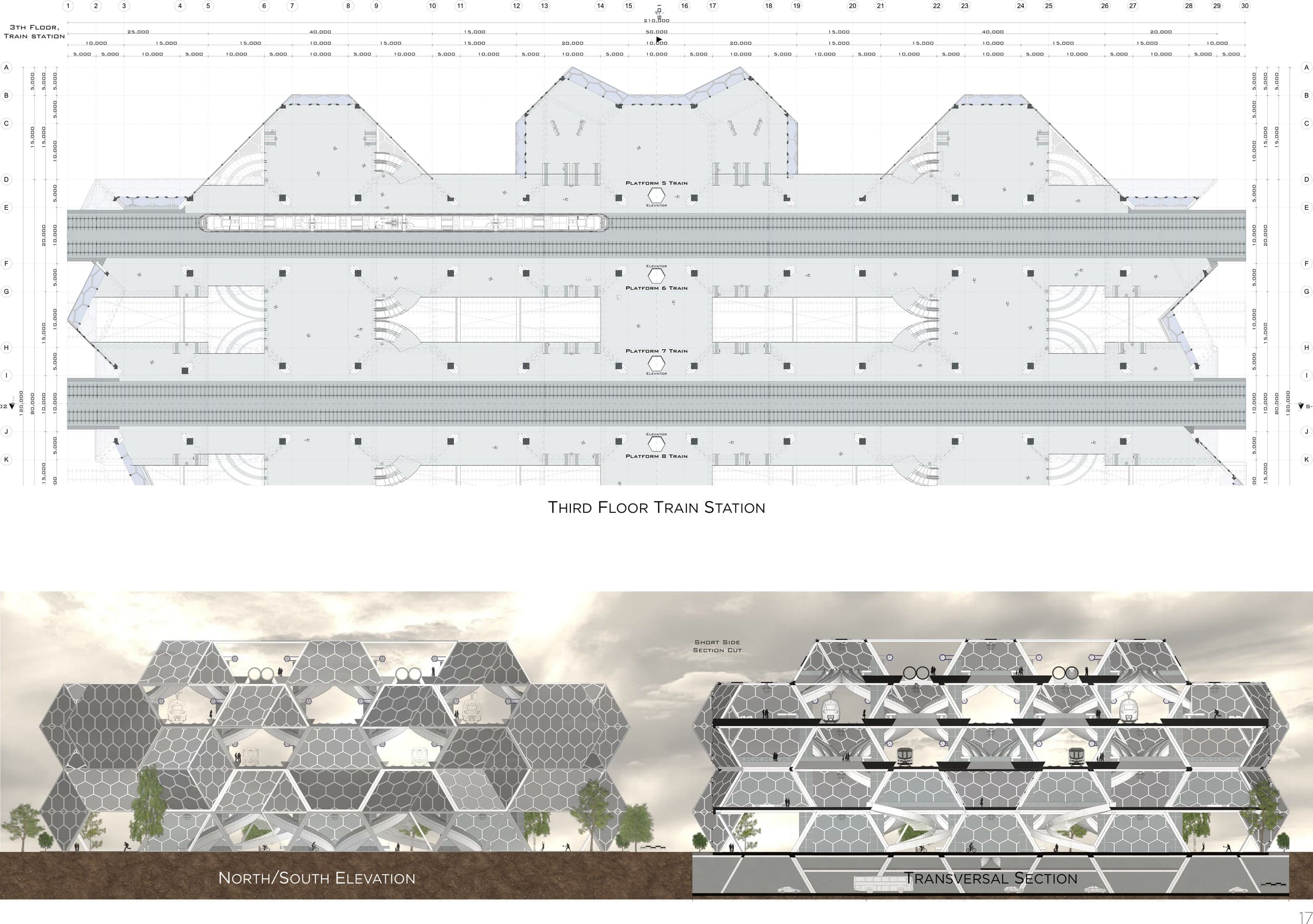 Plattegrond van het treinstation, noord-zuidgevel en dwarsdoorsnede