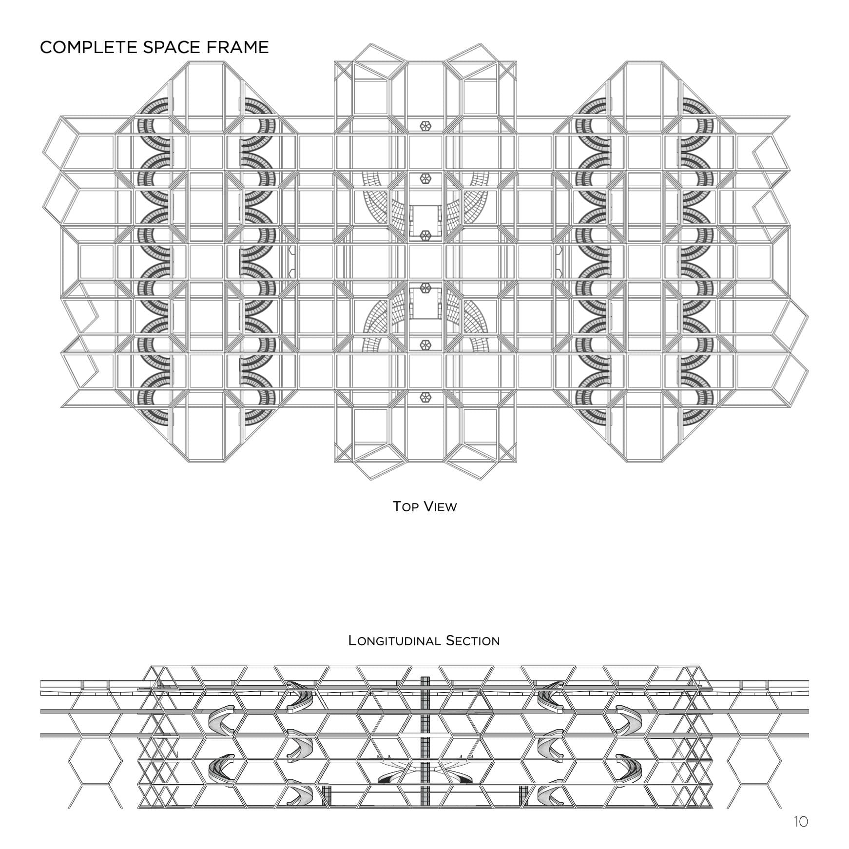 Bovenaanzicht en langsdoorsnede van het hexagonale ruimtevakwerk