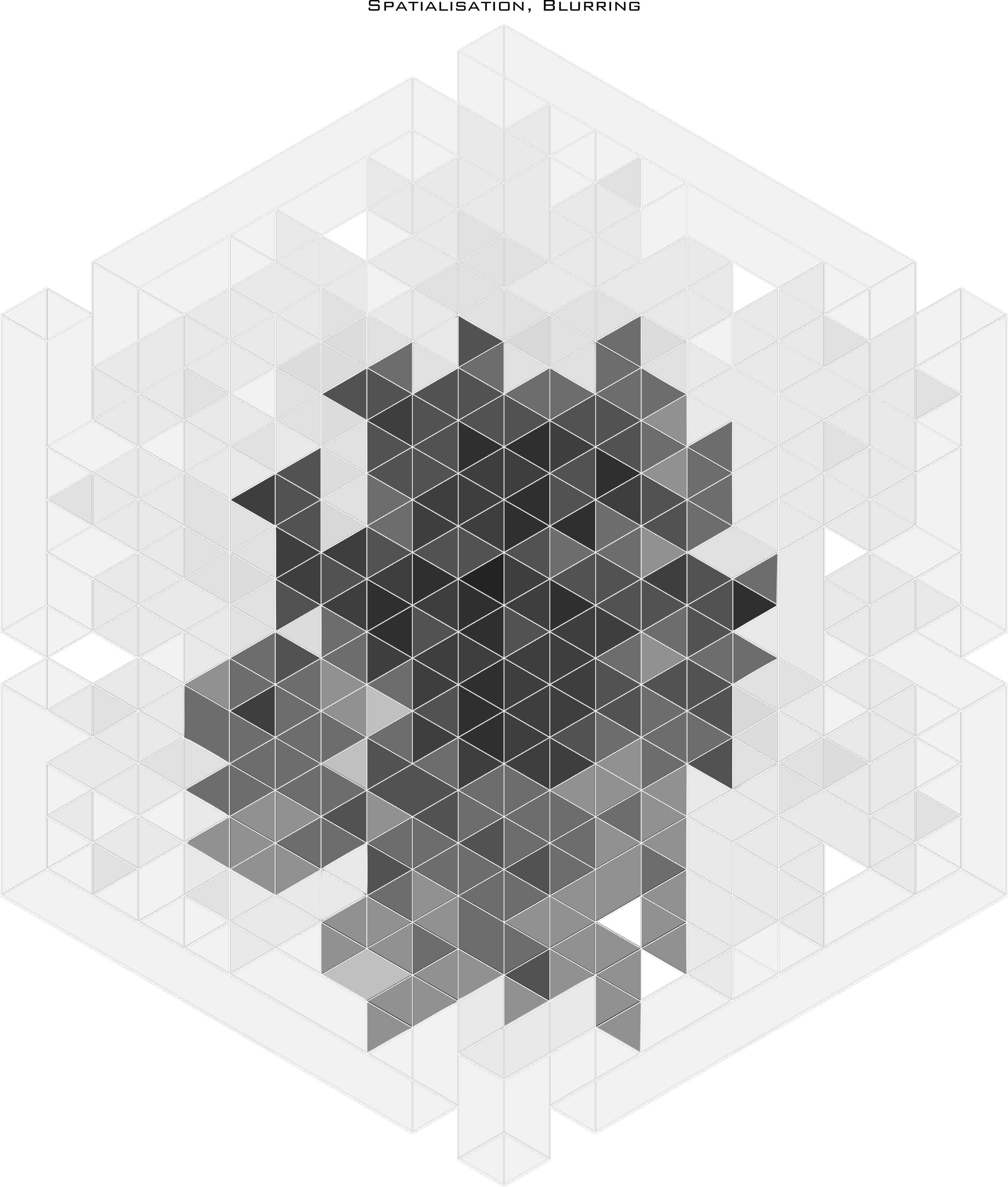 Spatialisatie van het labyrint: het beeld vervaagt tot een ruimtelijke compositie van driehoeken