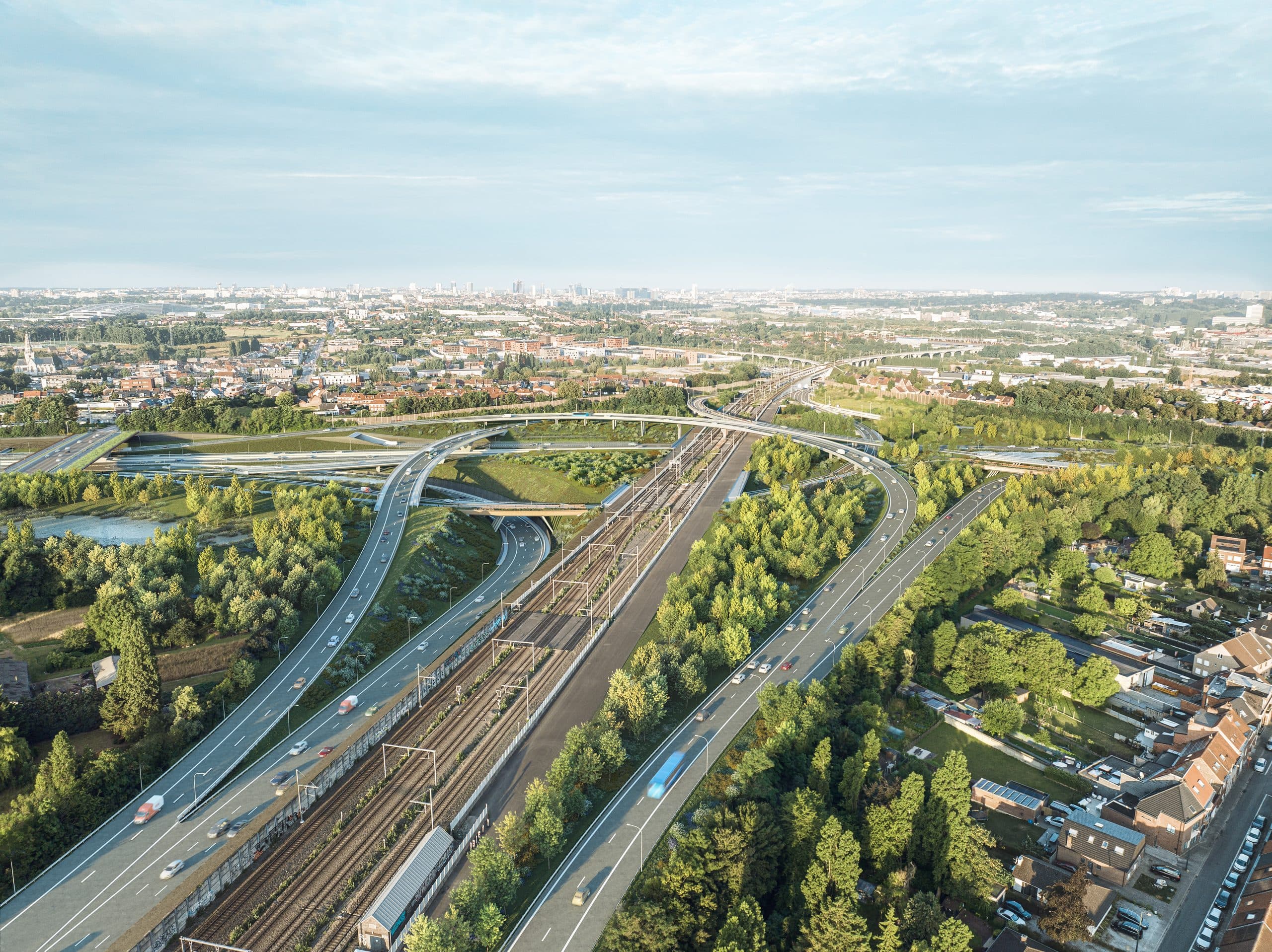 Dronebeeld van het verkeersknooppunt met spoorbundel