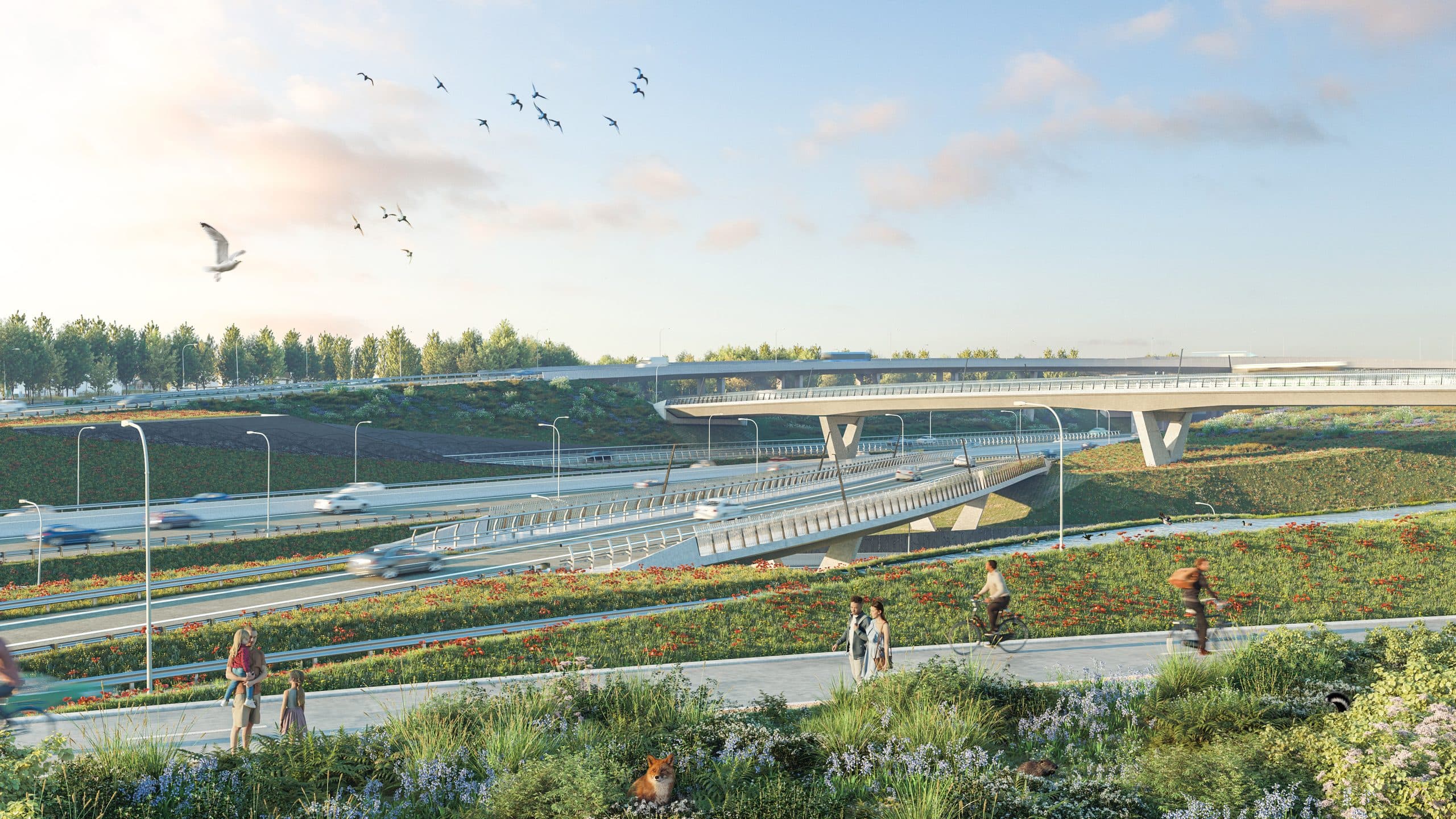Render op ooghoogte van het groene dek met wandelaars