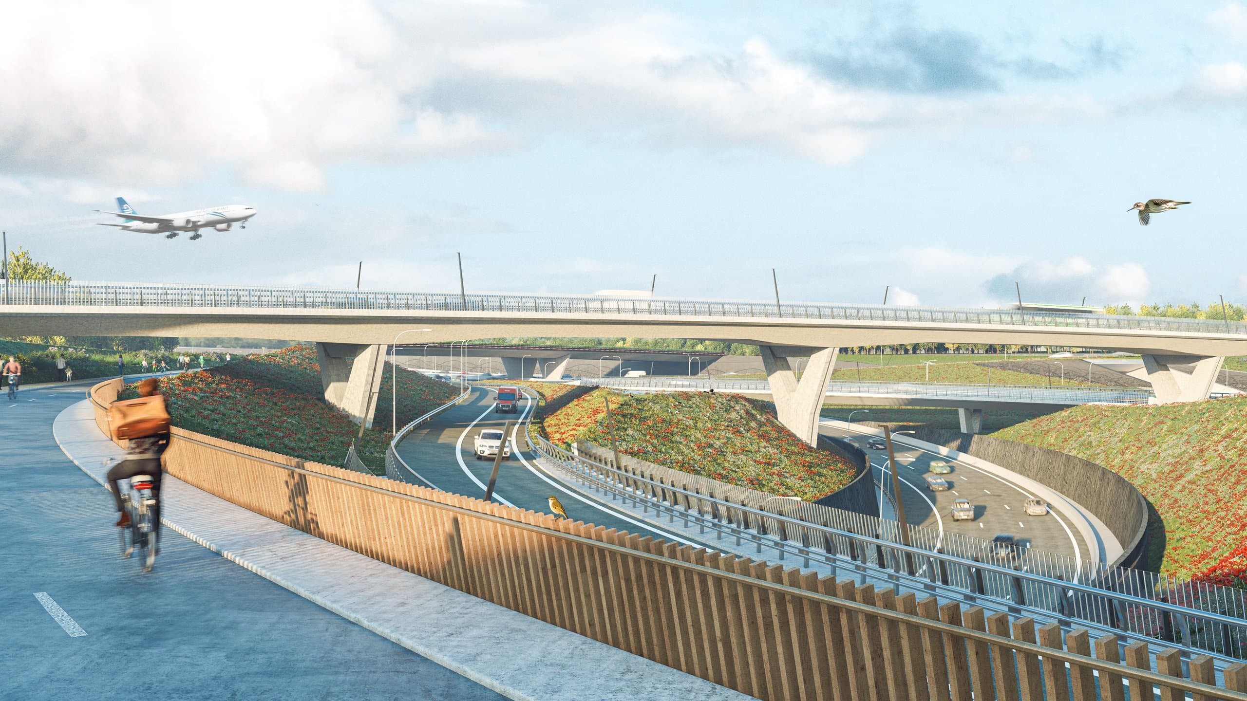 Fietser op het vrijliggende fietspad langs het houten geluidsscherm, met de verdiepte ringweg en een landend vliegtuig