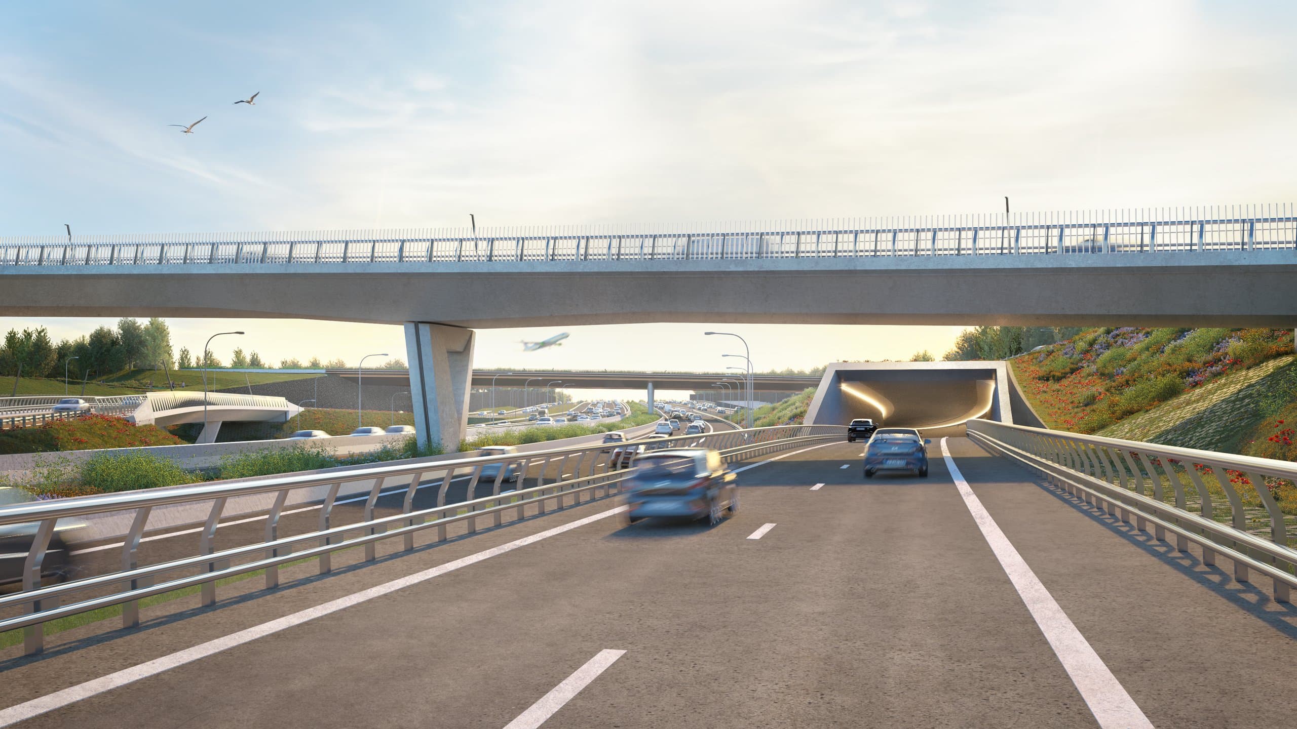 Perspectief vanaf de verdiepte ringweg richting de tunnelmond onder het groene dek