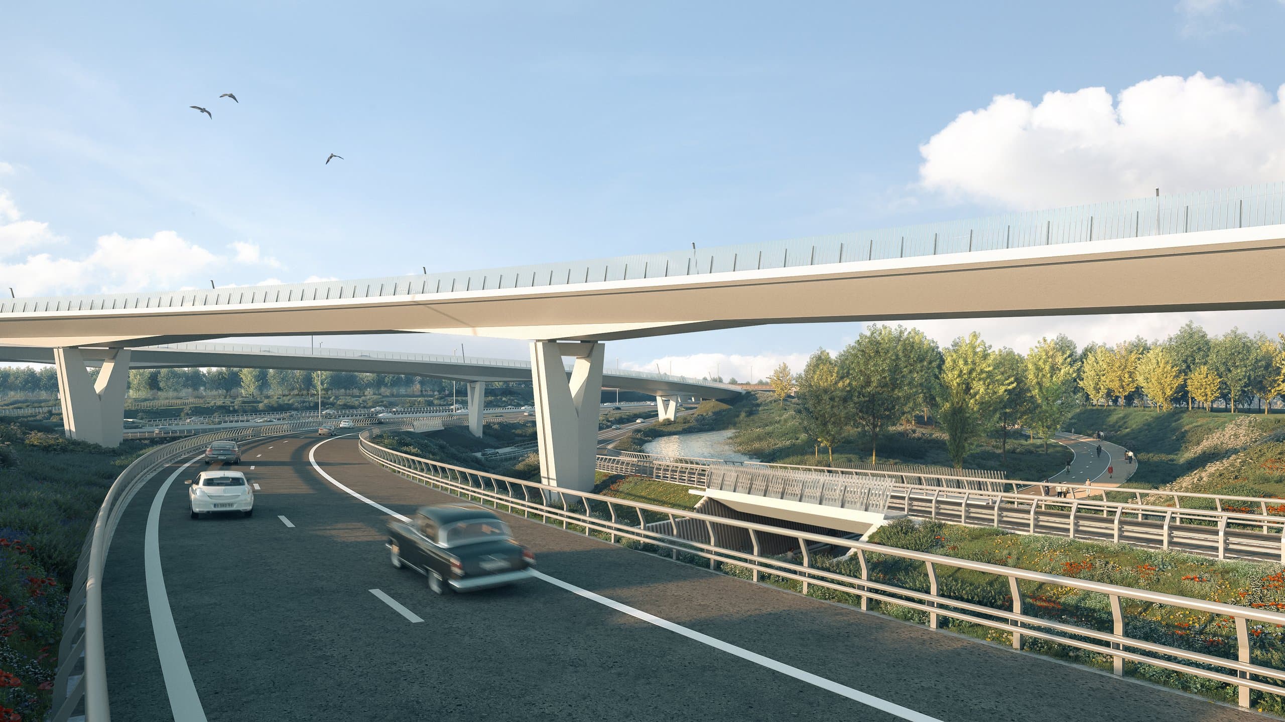 Verdiepte rijbaan onder de kruisende fly-overs met V-vormige pijlers