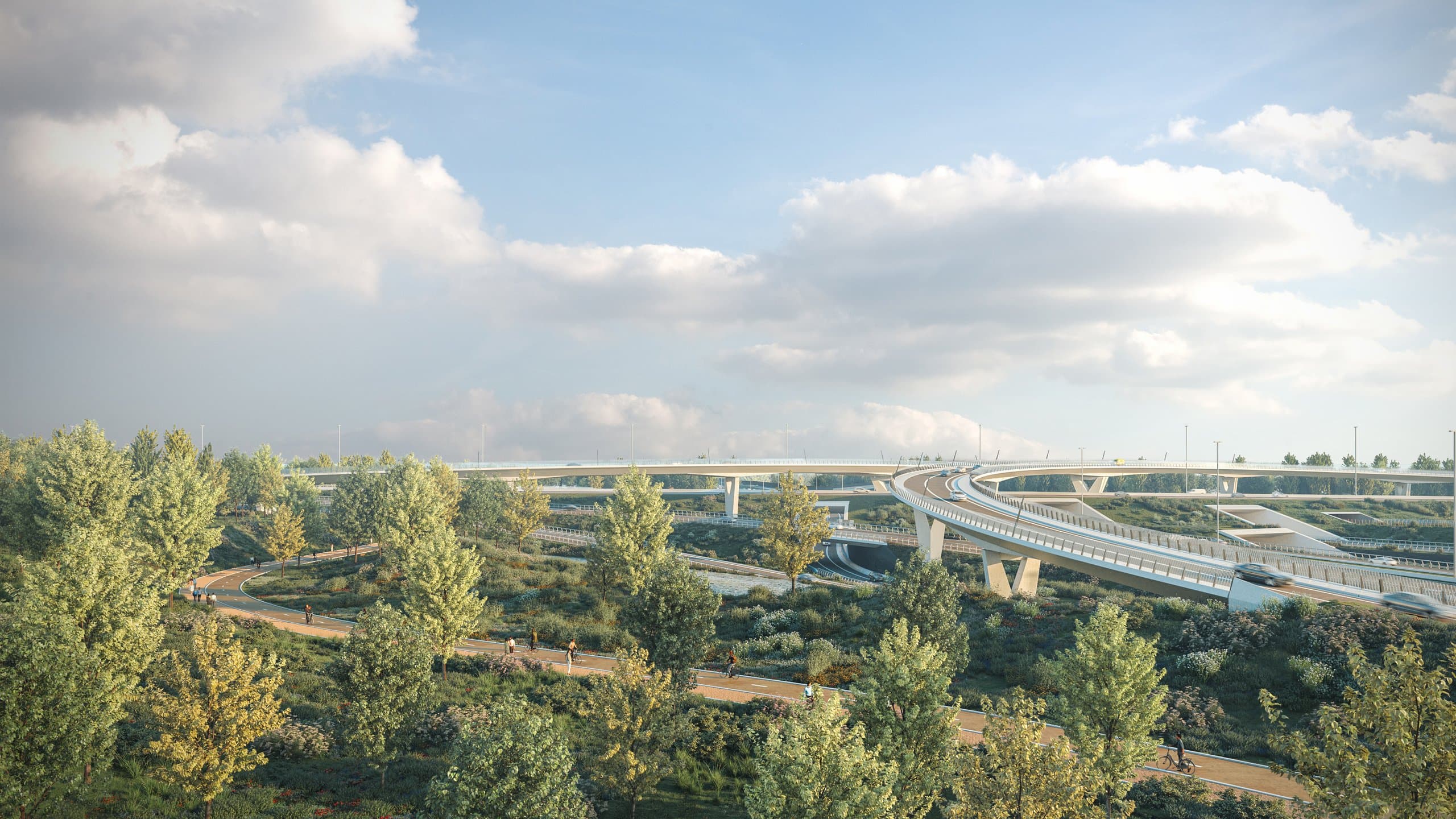 Wandel- en fietspaden door het nieuwe parklandschap, met de fly-overs op de achtergrond