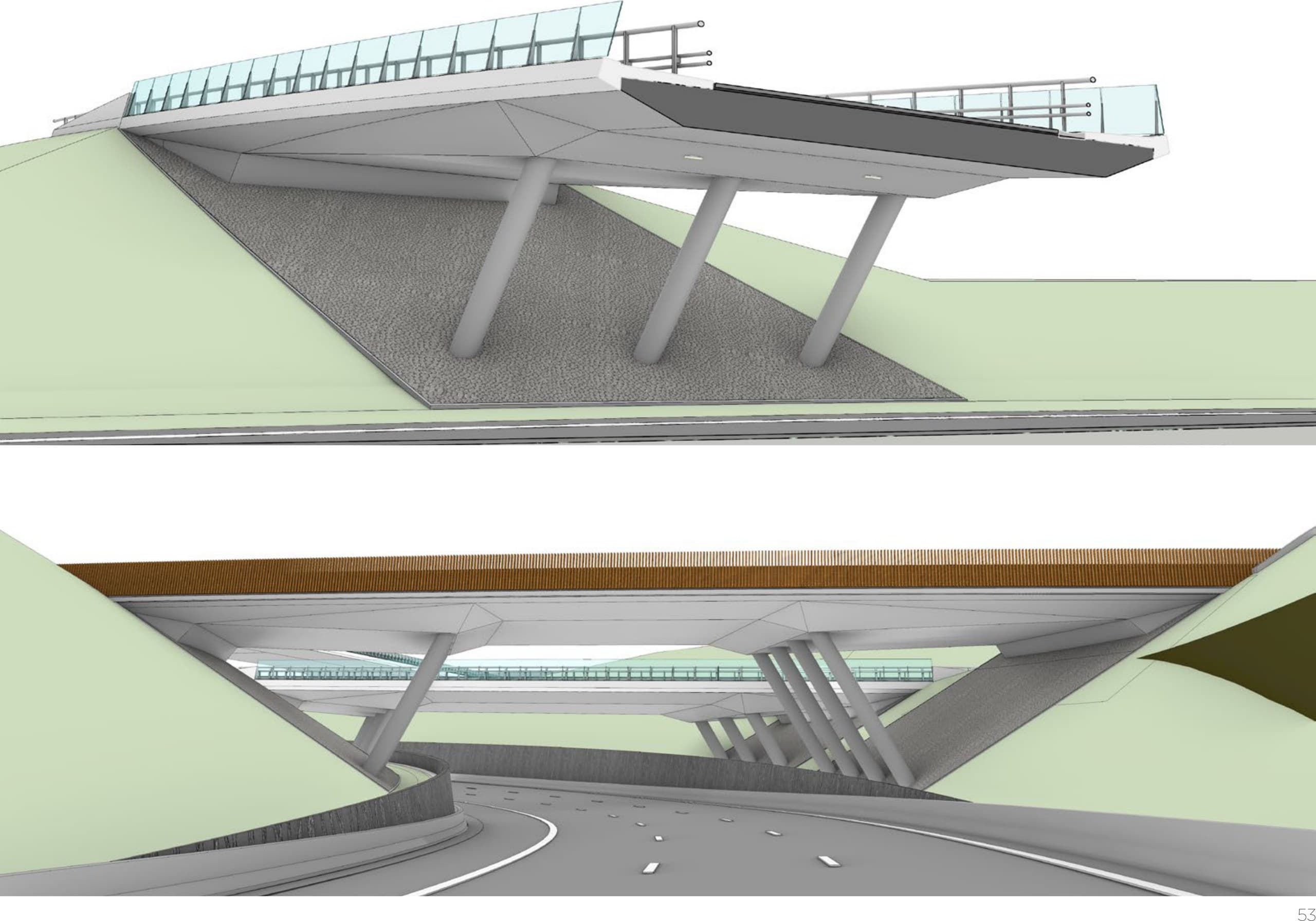 3D-studies van het kunstwerk: dek met glazen balustrade en onderdoorgang