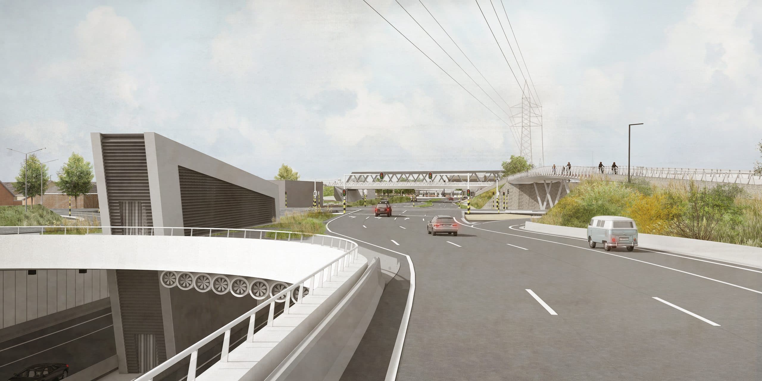 Render op ooghoogte van de weginfrastructuur bij knoop W9