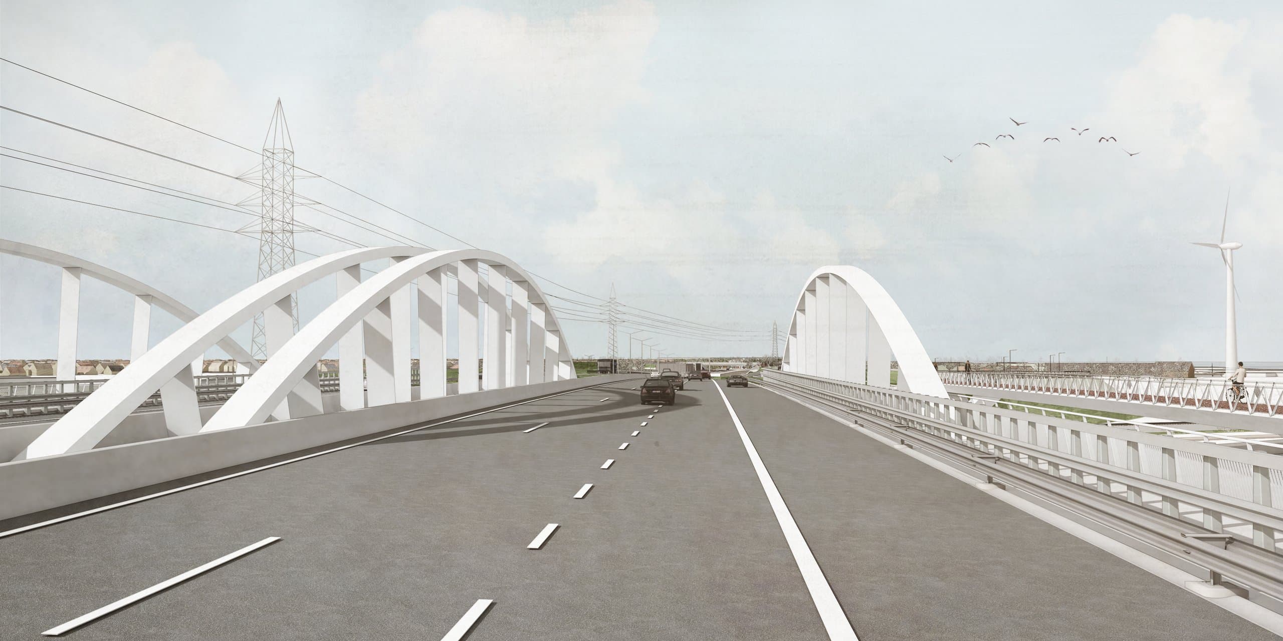 Rijbaanperspectief tussen de witte boogspanten van de brug, met fietser op het naastgelegen fietspad