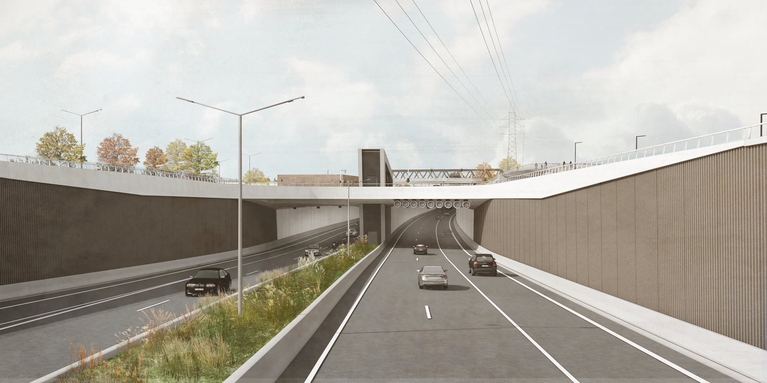 De verdiepte R4 met tunnelventilatoren onder het dek en de vakwerkbrug erboven