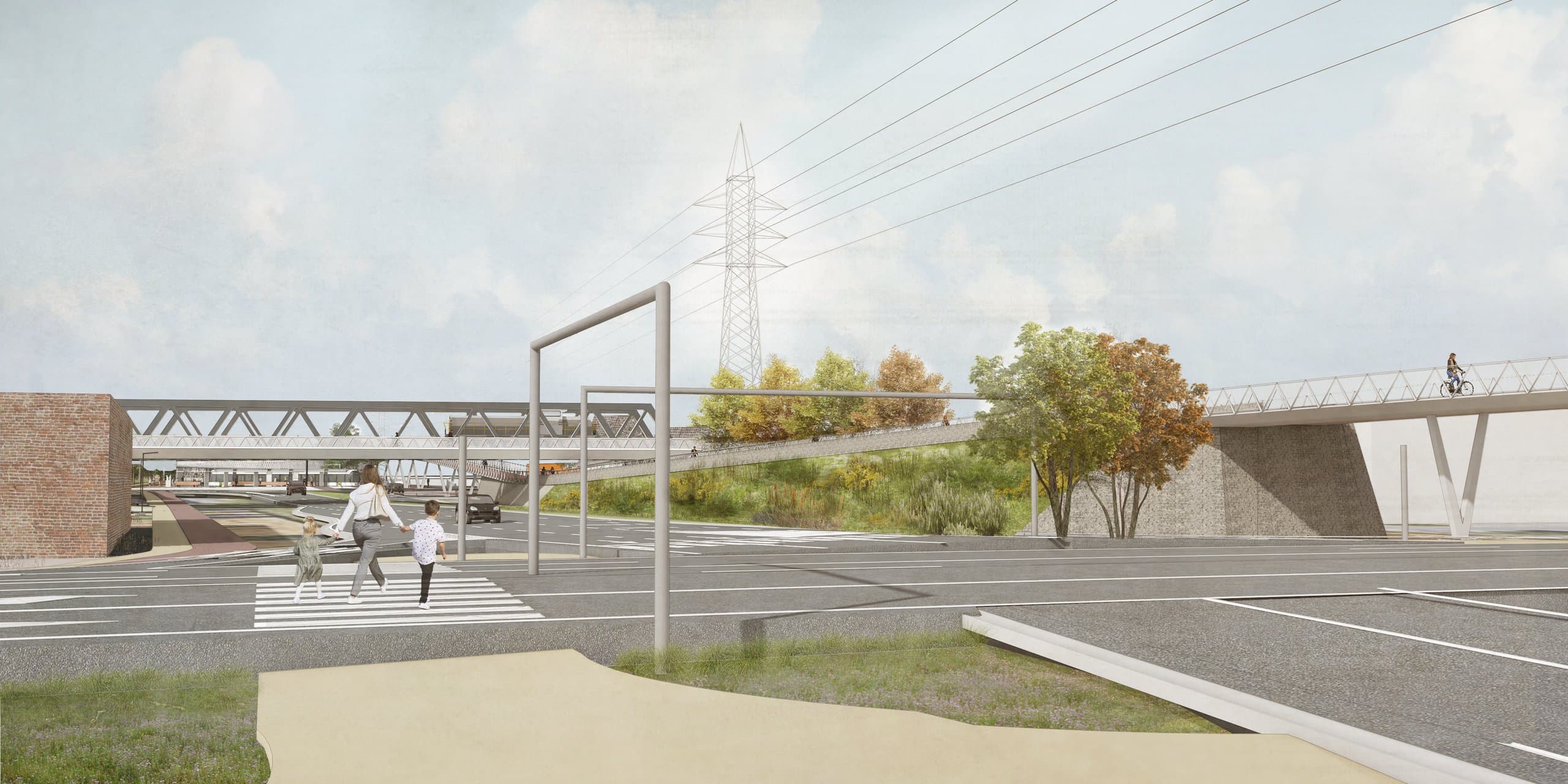 Moeder met kinderen op het zebrapad, met de vakwerkbrug en de fietshelling op de achtergrond