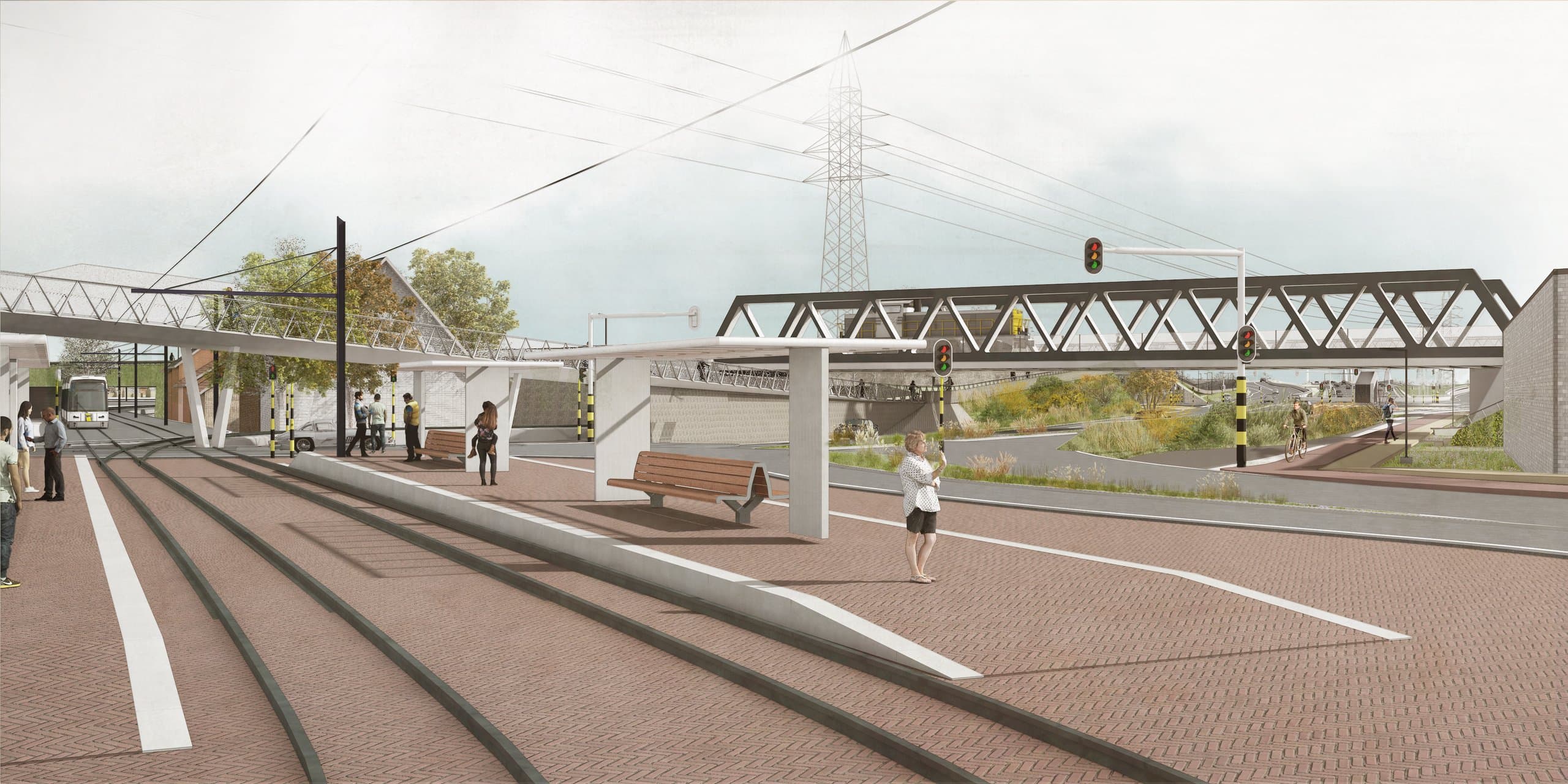 Perron van de tramhalte met zitbanken, met een goederentrein op de vakwerkbrug
