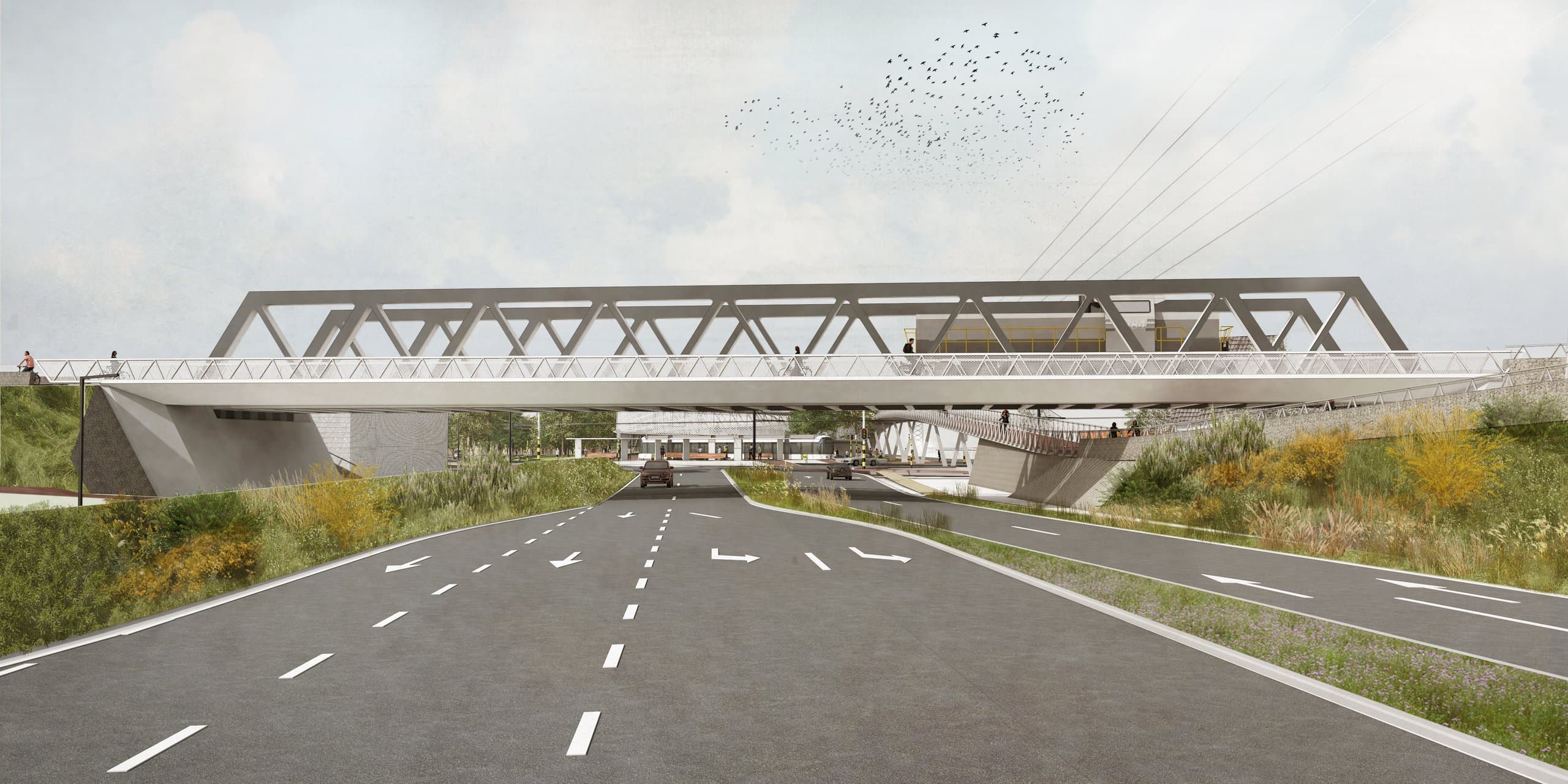 Frontaal zicht op de vakwerkbrug met goederentrein en fietsers op het meegehangen fietsdek